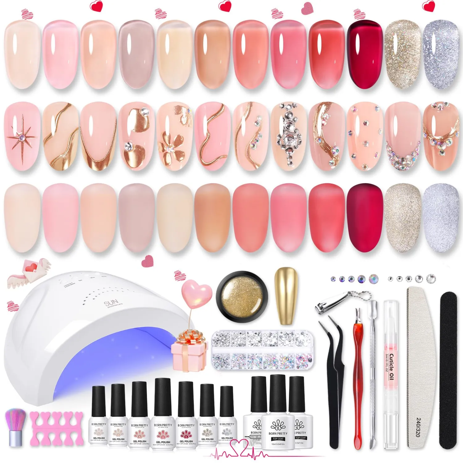 Born Pretty 28Pcs Jelly Gel Nail Polish Kit With U V Light 48W Nail Lamp 12 Colors Jelly Pink Nude Neutral Gel Polish Set with Base/Top Coat Gel Manicure All-In-One Nail Gel Kit Ideal Gifts