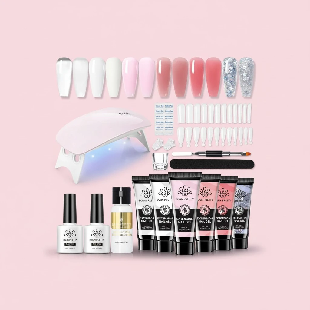 BORN PRETTY Poly Nail Extension Gel Kit-6 Colors Poly Nails Gel Kit Nude Clear Jelly Pink All In One Kit Builder Glue Gel with Nail Lamp Base Top Coat Set Nail Forms French Manicure Set for Beginner Starter DIY at Home Mother's Day Gifts