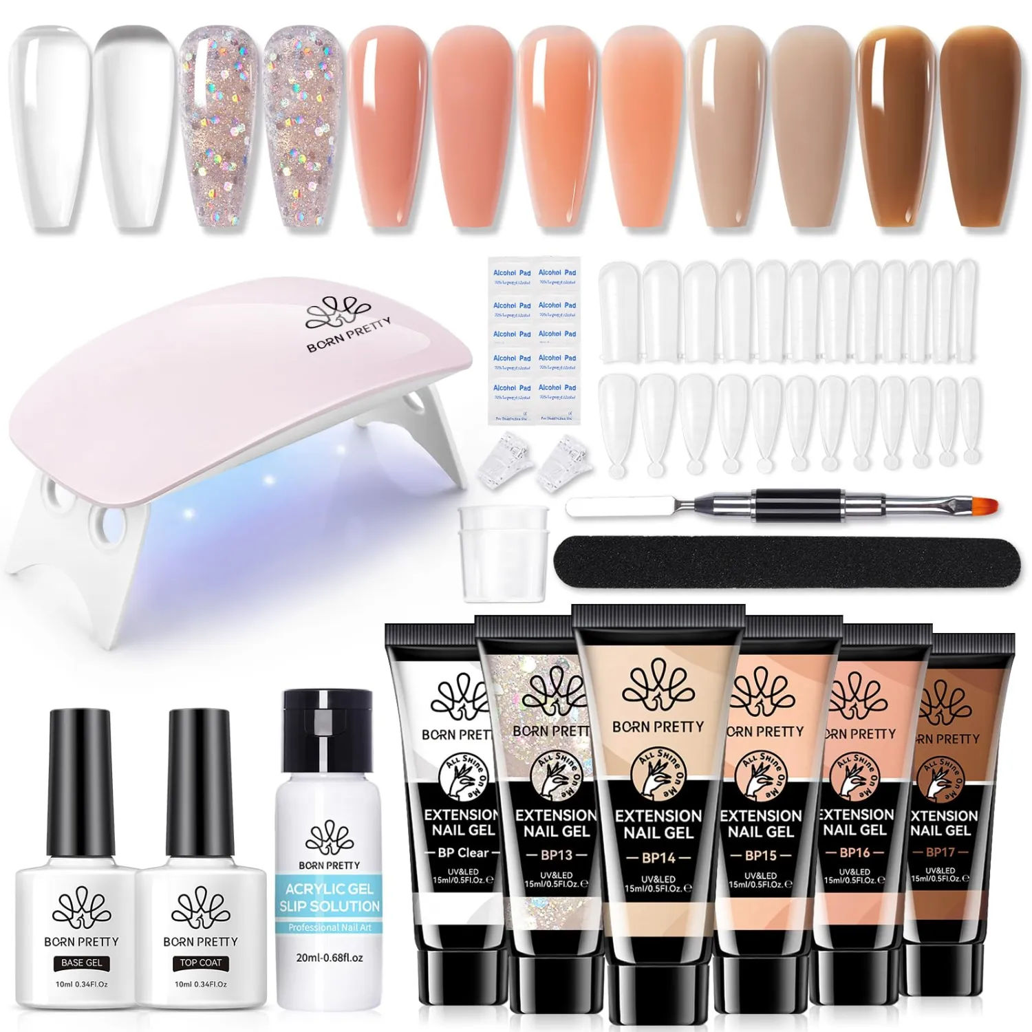 BORN PRETTY Extension Nail Gel Kit-6 Colors Gel Kit Nude Clear Jelly All-In-1 Set Builder Glue with U V Lamp Base Top Coat Set Forms French Manicure Set for Beginner