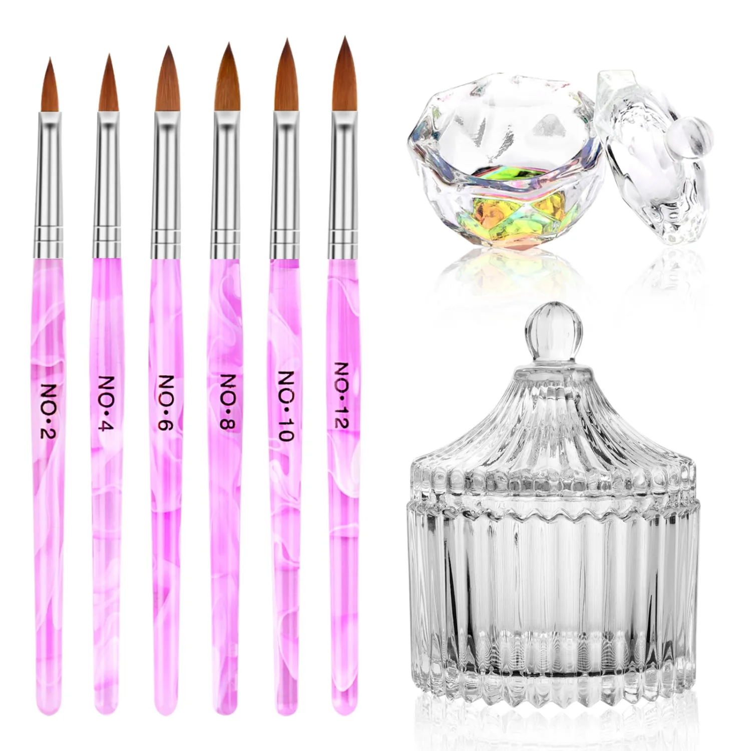 LIONVISON Acrylic Nail Brush Dappen Dish Set - 6Pcs and 2Pcs Crystal with Lid for Nails,Monomer Glass Cup Art Liquid Powder