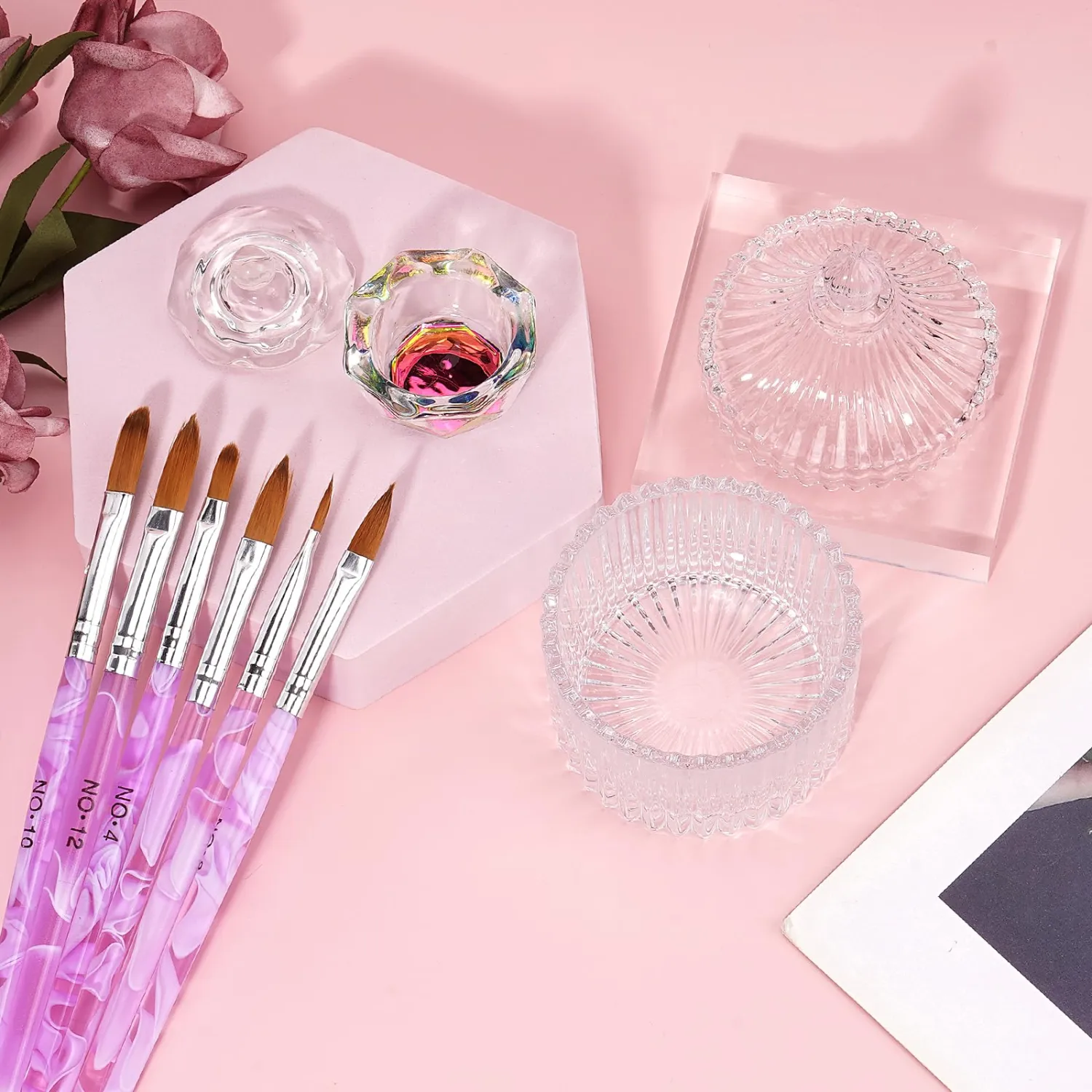 LIONVISON Acrylic Nail Brush Dappen Dish Set - 6Pcs and 2Pcs Crystal with Lid for Nails,Monomer Glass Cup Art Liquid Powder