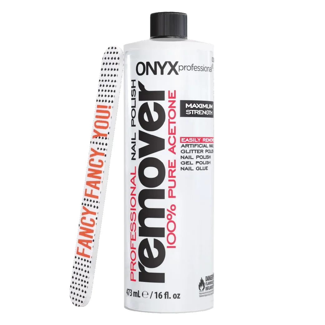 Onyx Professional 100% Pure Acetone Nail Polish Remover Kit with 7 inch Nail File, Maximum-Strength Nail Polish Remover for Gel, Artificial & Glitter Nail Polish, Quick and Effective Formula, 16 Fl Oz
