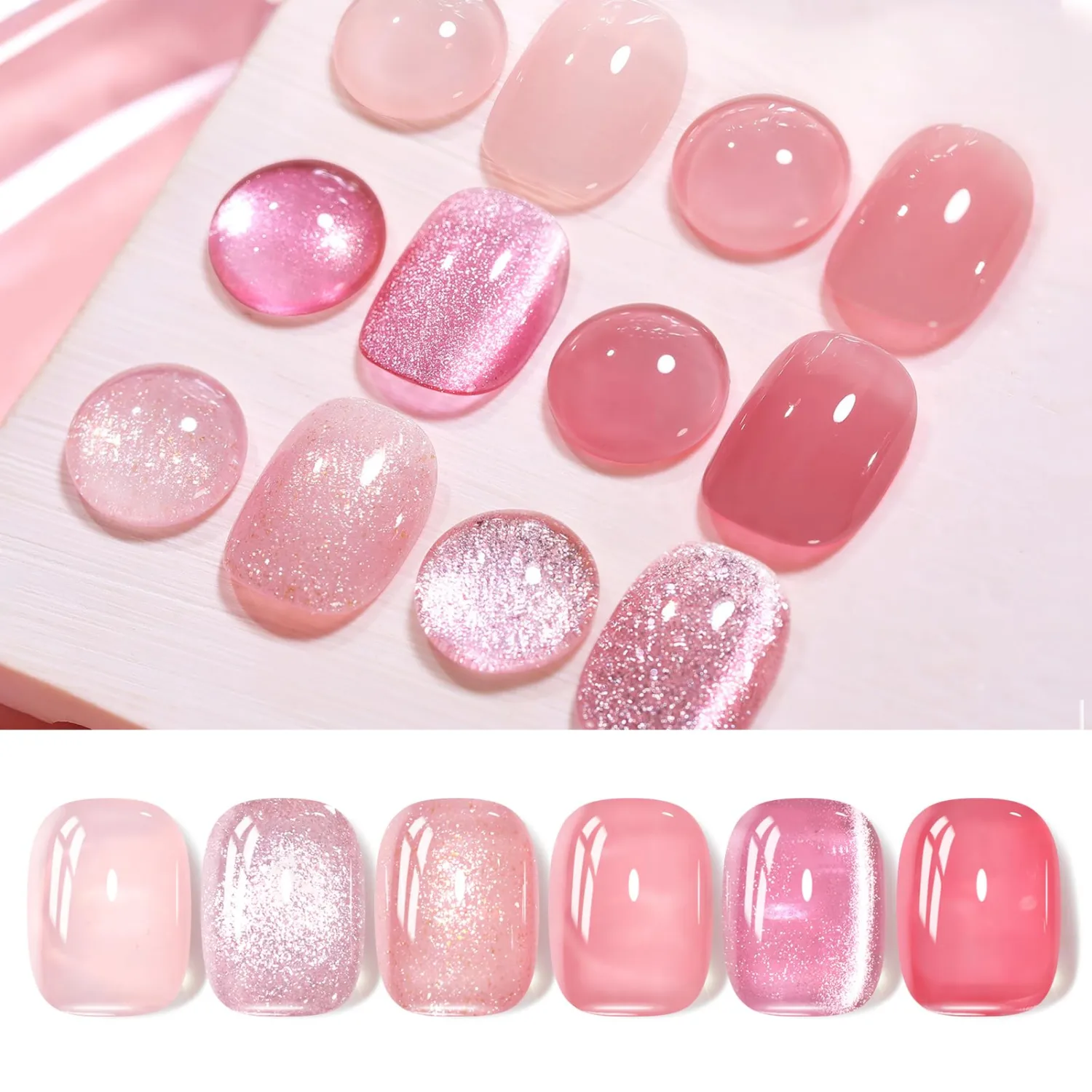 Born Pretty Jelly Gel Nail Polish, Glitter Gel Polish, Nude Pink Gold Cat Magnetic Eye Gel Nail Polish, Sheer Crystal Transparent Sparkle Nail Manicure Gift DIY at Home 6PCS 7ml