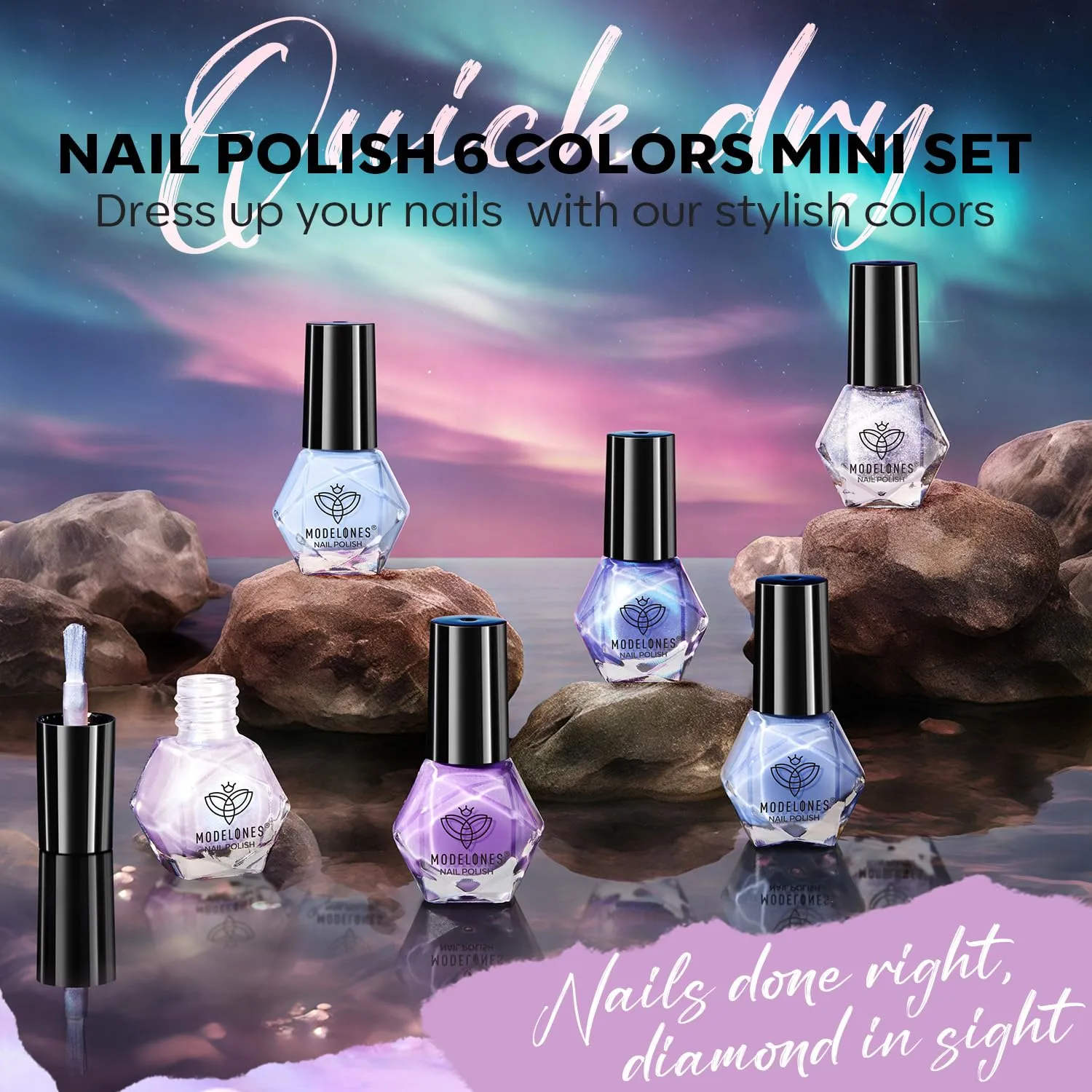 Modelones Nail Polish, 6 Colors 2025 Spring Summer Baby Blue Purple Nail Polish Set Shimmer Glitter Sliver Fast Drying Mini Nail Lacquer Kit Finger Manicure DIY Nail Art Home Salon Gift for Women Girl