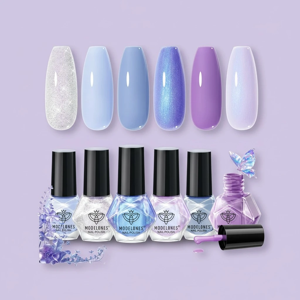 Modelones Nail Polish, 6 Colors 2025 Spring Summer Baby Blue Purple Nail Polish Set Shimmer Glitter Sliver Fast Drying Mini Nail Lacquer Kit Finger Manicure DIY Nail Art Home Salon Gift for Women Girl