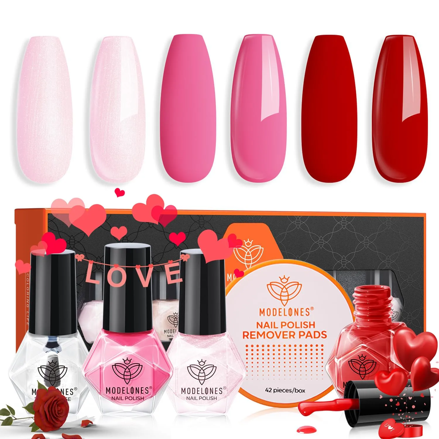 Modelones Nail Polish Set 3 Colors Pink Tones Nail Glitter Polish with Top and Base Coat & Remover Pad Finger Nail Polish Bulk Manicure DIY 2025 Spring Gift for Girl Women Nail Lover Art Salon Home