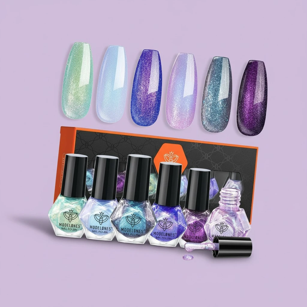 modelones Chameleon Nail Polish Set 6 Colors, Green Glitter Pink Blue Purple Holographic Quick Dry Mini Nail Lacquer Kit Gray Aurora Shimmer DIY Nail Art Manicure Gift For Women Girls