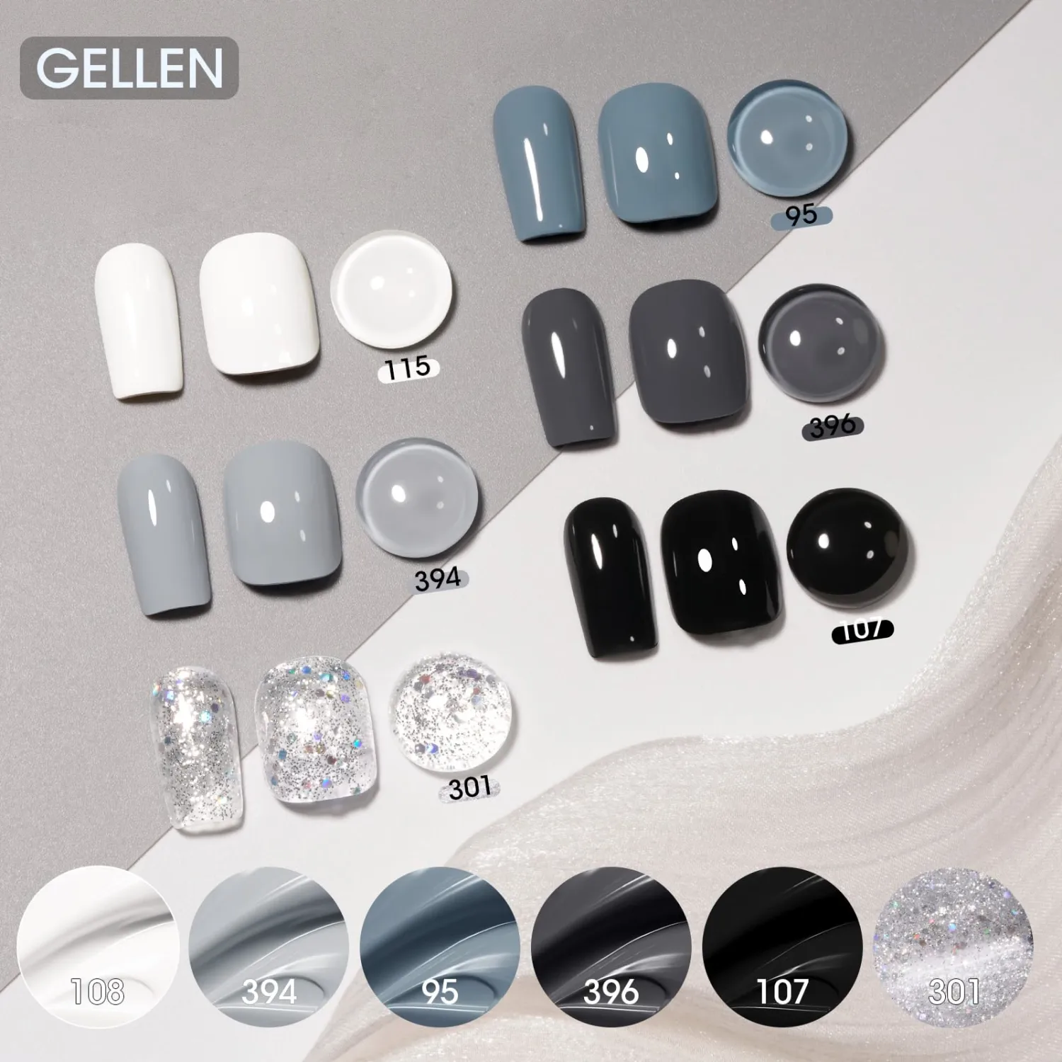 Gellen Nail Polish Set, Quick Air Dry Nail Polish Black White Gray Glitter 6 Colors Trendy Regular Nail Polish Kit for Nail Manicure DIY Art Home Salon Fall Winter, No UV Light Needed, 0.33 oz
