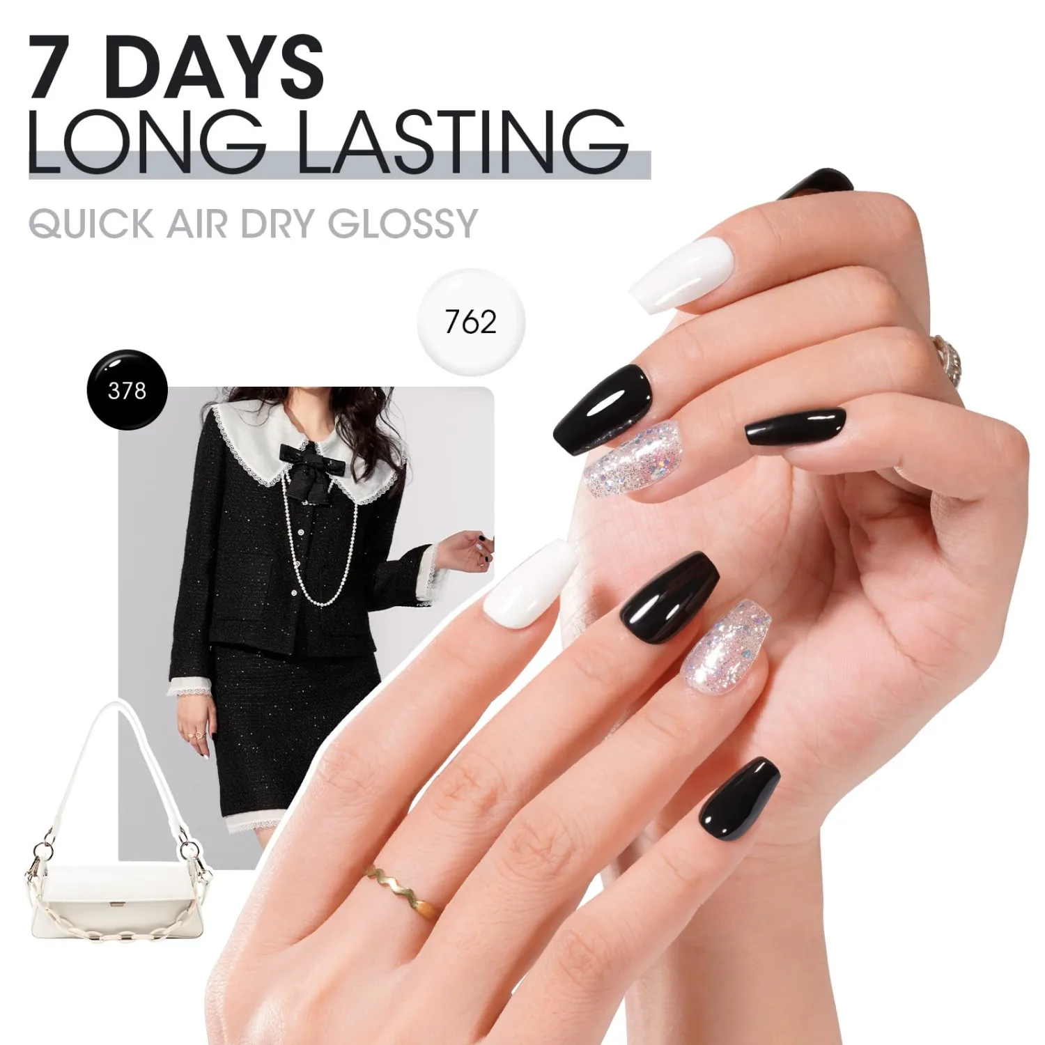 Gellen Nail Polish Set, Quick Air Dry Nail Polish Black White Gray Glitter 6 Colors Trendy Regular Nail Polish Kit for Nail Manicure DIY Art Home Salon Fall Winter, No UV Light Needed, 0.33 oz