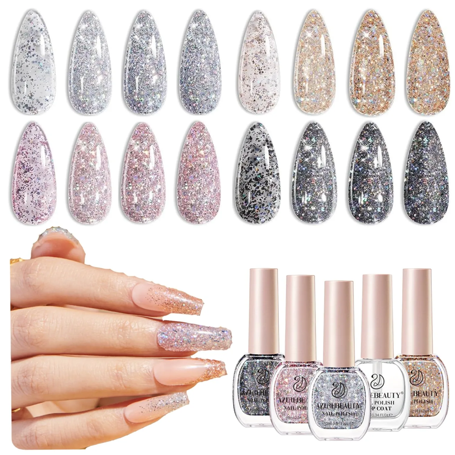 AZUREBEAUTY Glitter Nail Polish Set, 4 Colors Dazzling Gold Silver Pink Quick Dry Natural Nail with Top Coat,Professional for Nail Art DIY Manicure and Pedicure at Home