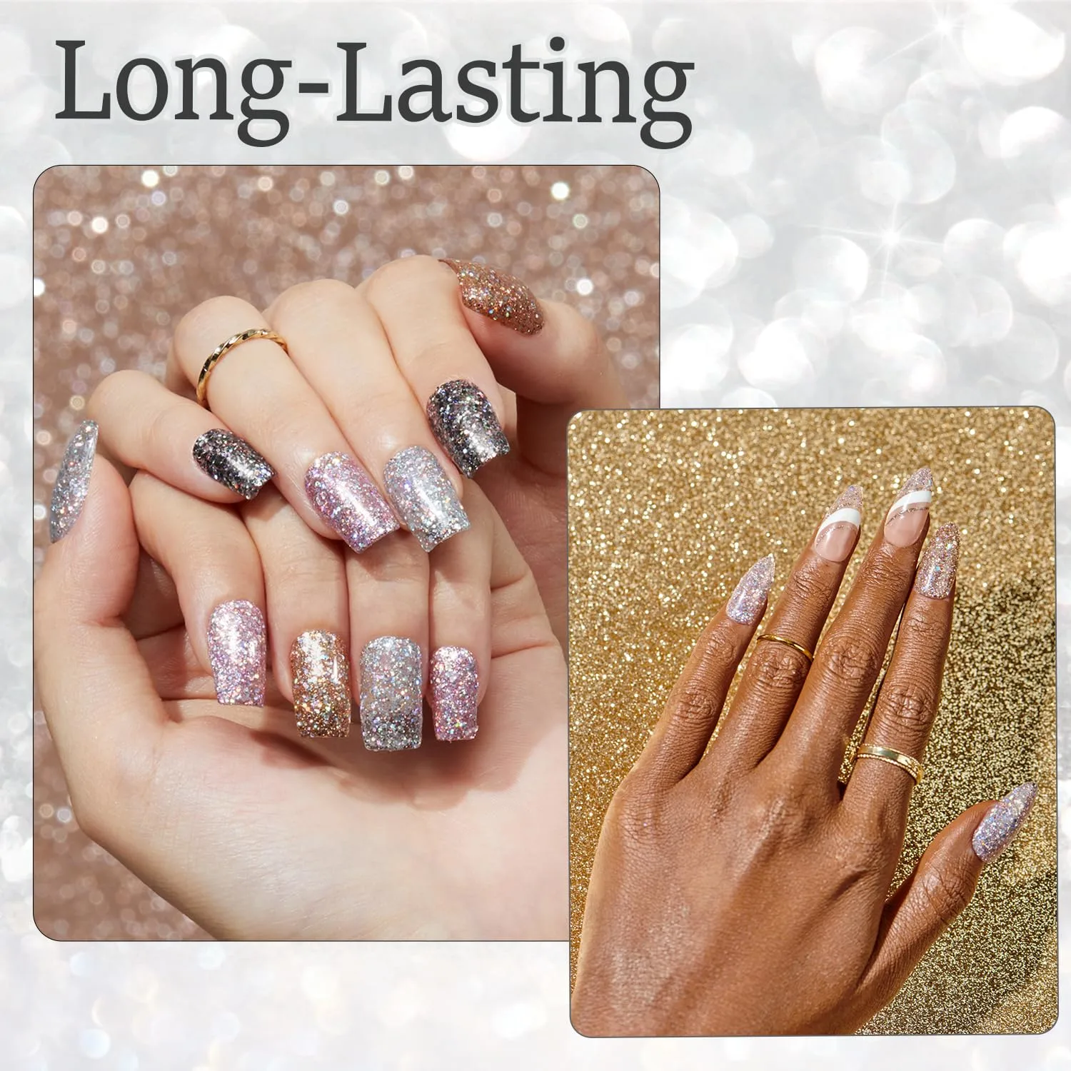 AZUREBEAUTY Glitter Nail Polish Set, 4 Colors Dazzling Gold Silver Pink Quick Dry Natural Nail with Top Coat,Professional for Nail Art DIY Manicure and Pedicure at Home