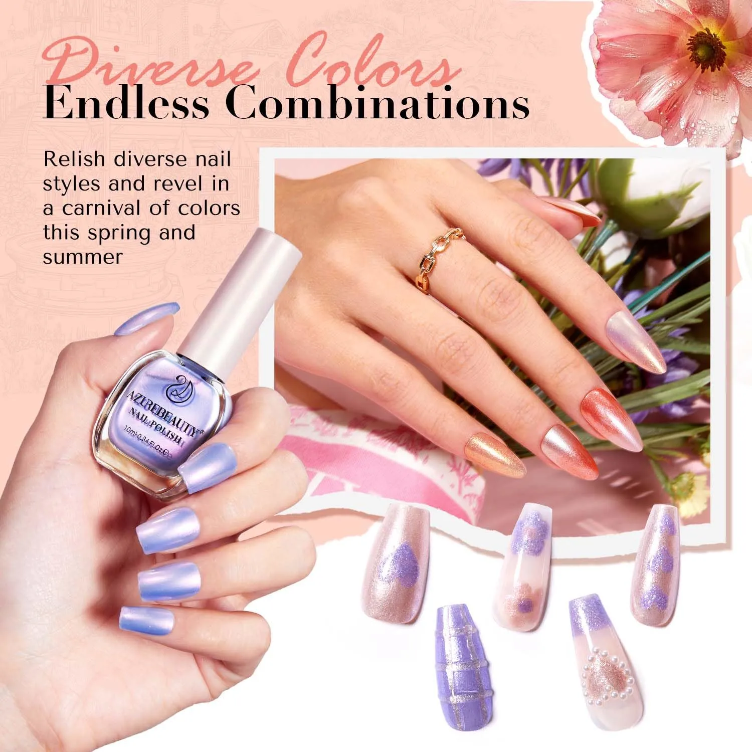 AZUREBEAUTY 8 Colors Shimmer Pearl Shine Nude Coral Glitter Orange Purple Violet Vegan Nail Polish Set, Quick-Dry, Perfect for Women Manicure Nail Art DIY Salon