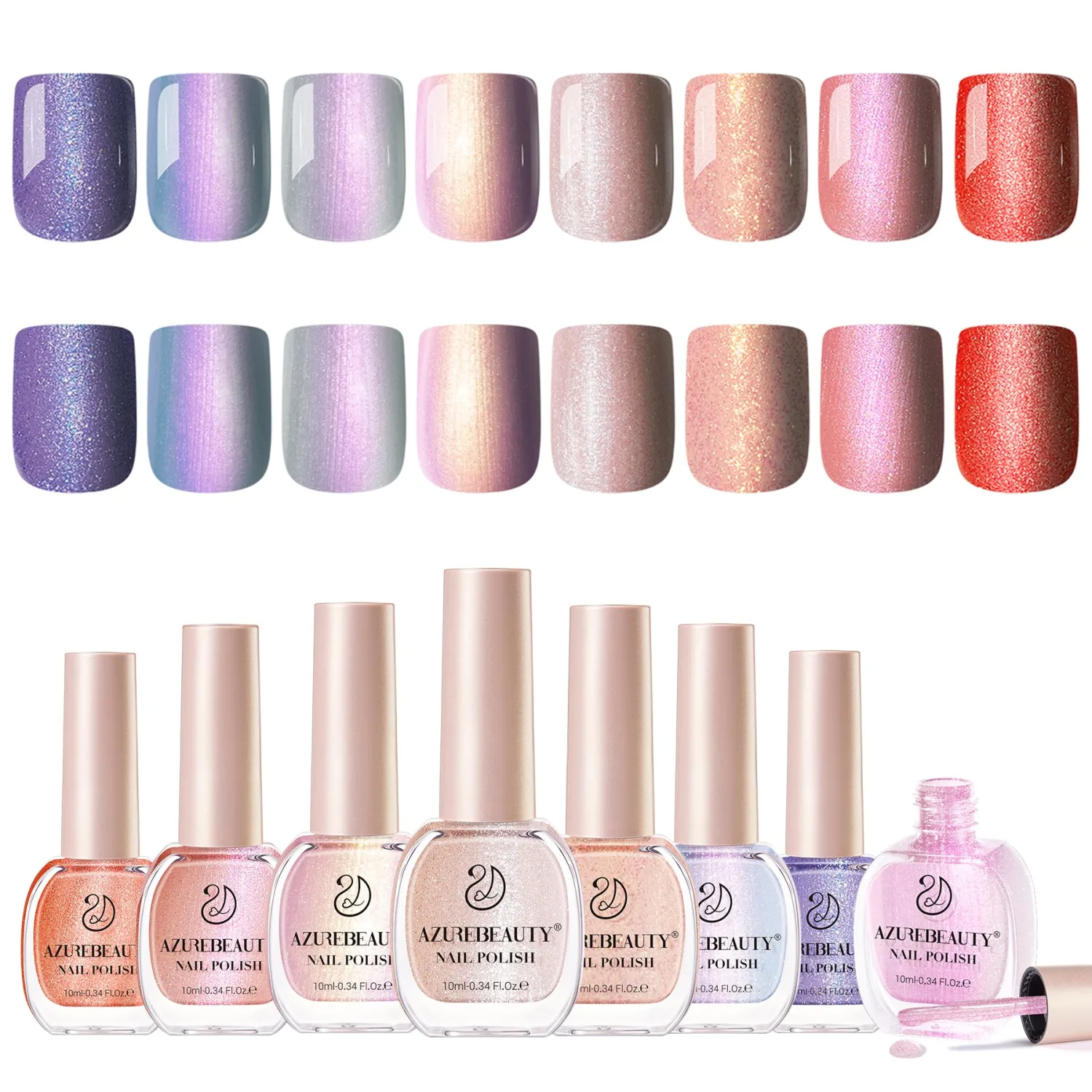 AZUREBEAUTY 8 Colors Shimmer Pearl Shine Nude Coral Glitter Orange Purple Violet Vegan Nail Polish Set, Quick-Dry, Perfect for Women Manicure Nail Art DIY Salon