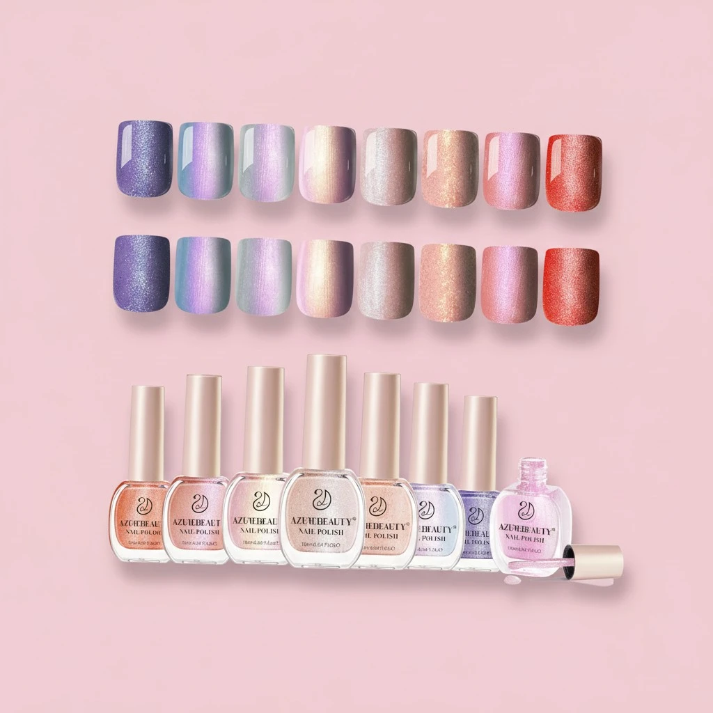 AZUREBEAUTY 8 Colors Shimmer Pearl Shine Nude Coral Glitter Orange Purple Violet Vegan Nail Polish Set, Quick-Dry, Perfect for Women Manicure Nail Art DIY Salon