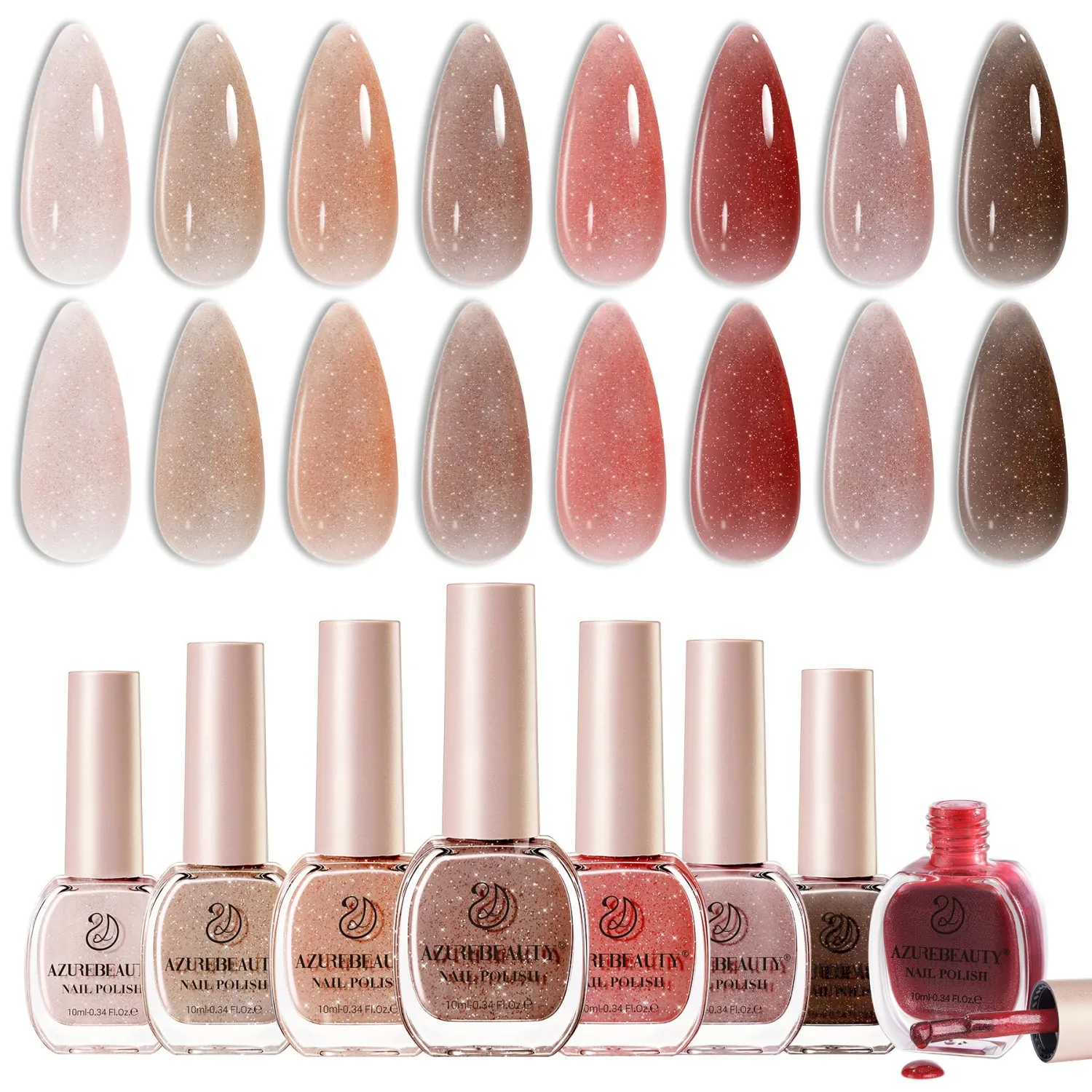 AZUREBEAUTY 8 Colors Nude Red Brown Winter Shades Shimmery Nail Polish Set, Quick-Dry Vegan, Perfect for Women Manicure Nail Art DIY Salon 10ml