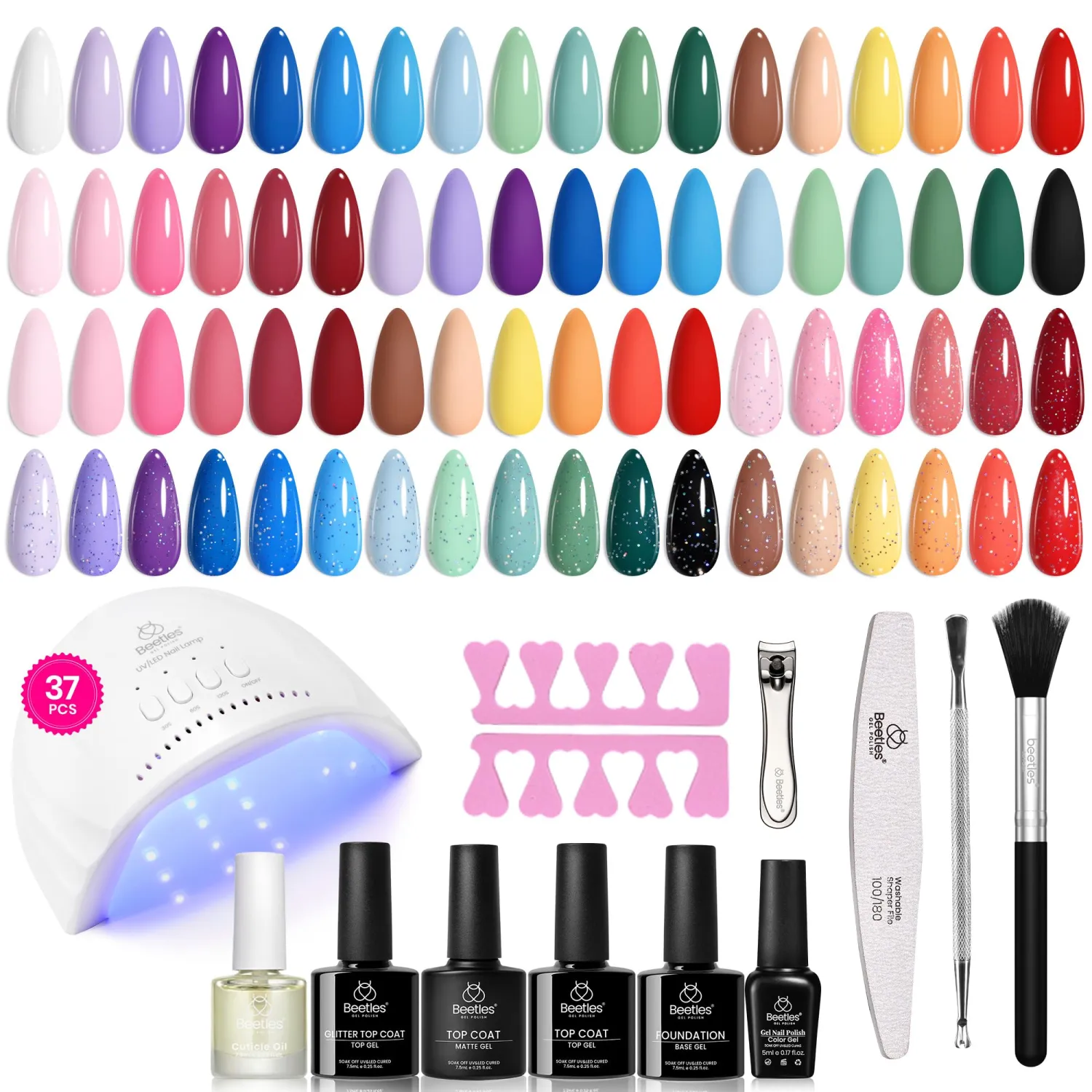 Beetles Spring Gel Nail Polish Kit with Uv Light, 37Pcs 25 Colors Pastel Gel Polish Starter Kit, Green Pink Red Blue Purple Nail Polish for Beginners with Everything Manicure Tools Gift for Women
