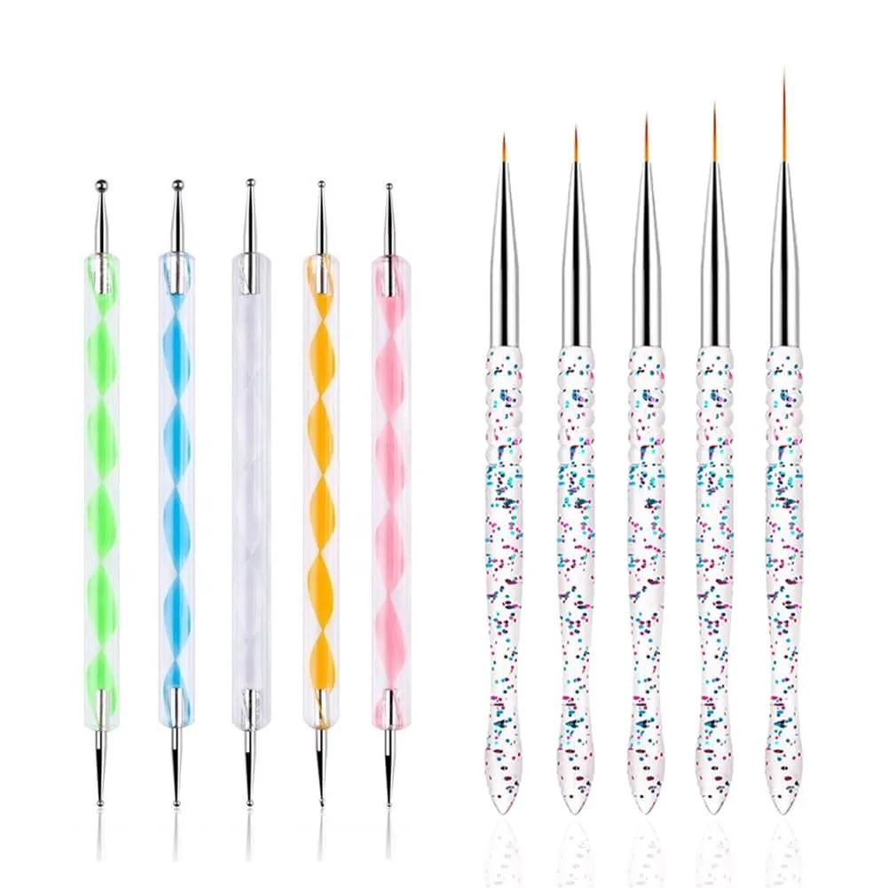 Nail Dotting Tools 10 Pcs Kit, 5 Pcs Double-end Nail Dotting tools and 5 Pcs Nail Art Liner Brushes, Nail Art Design Tools