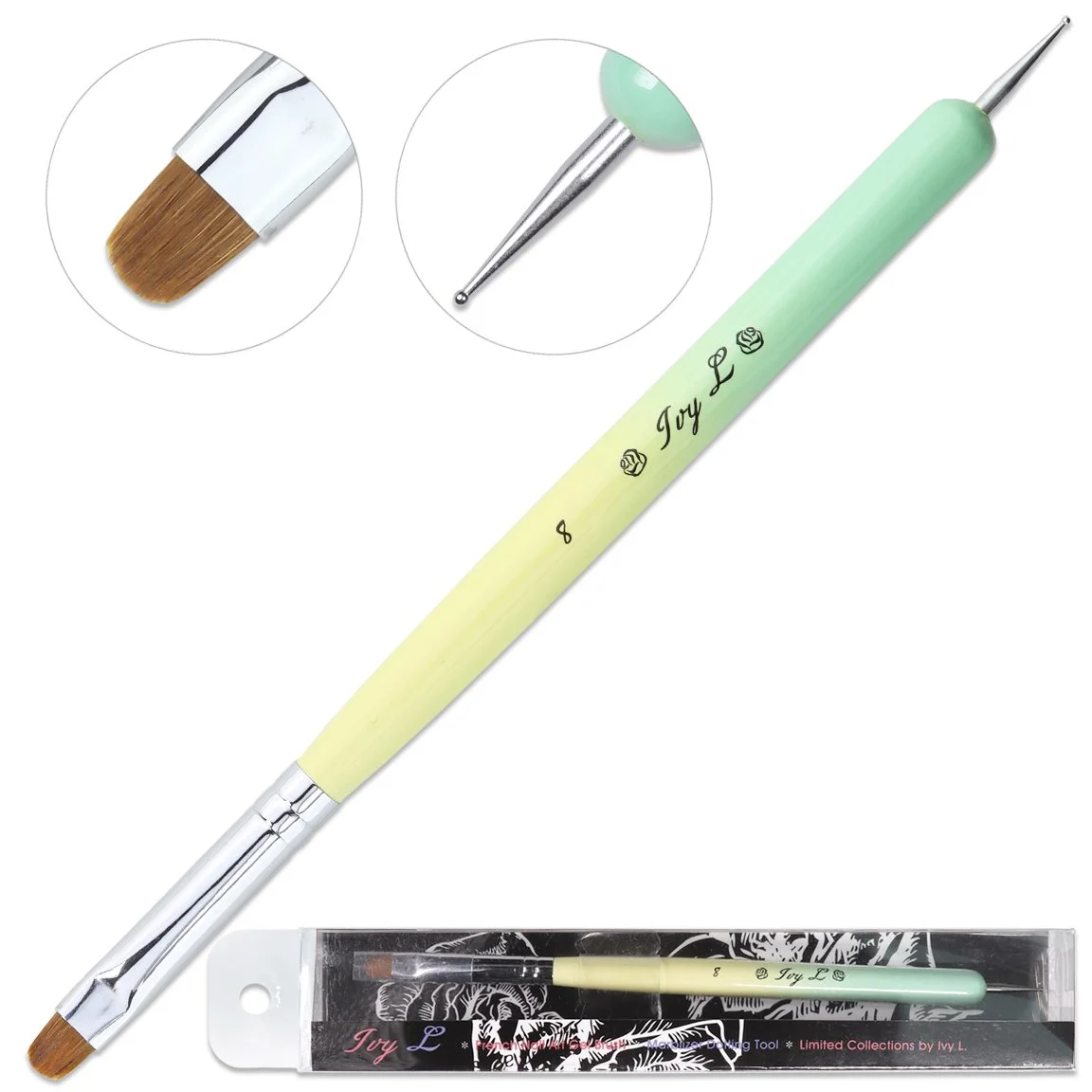 Ivy-L Premium 2 Ways French Gel Acrylic Nail Art Kolinsky Brush with Dotting Tool for Professional Manicure Nail Art Design Cuticle Clean-up + Lime Green Wood Handle (Size 8)
