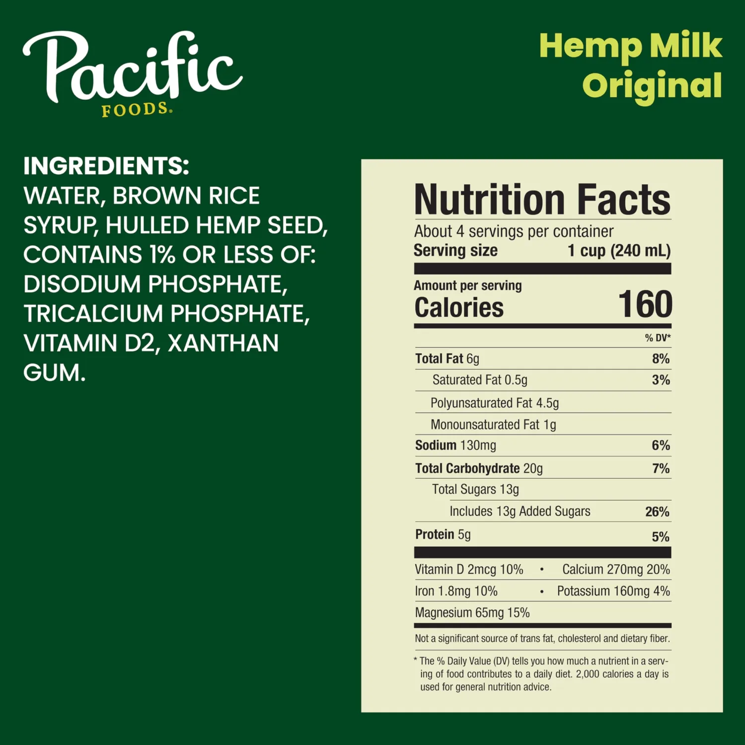 Pacific Foods Original Hemp Milk, Plant Based Milk, 32 oz Carton