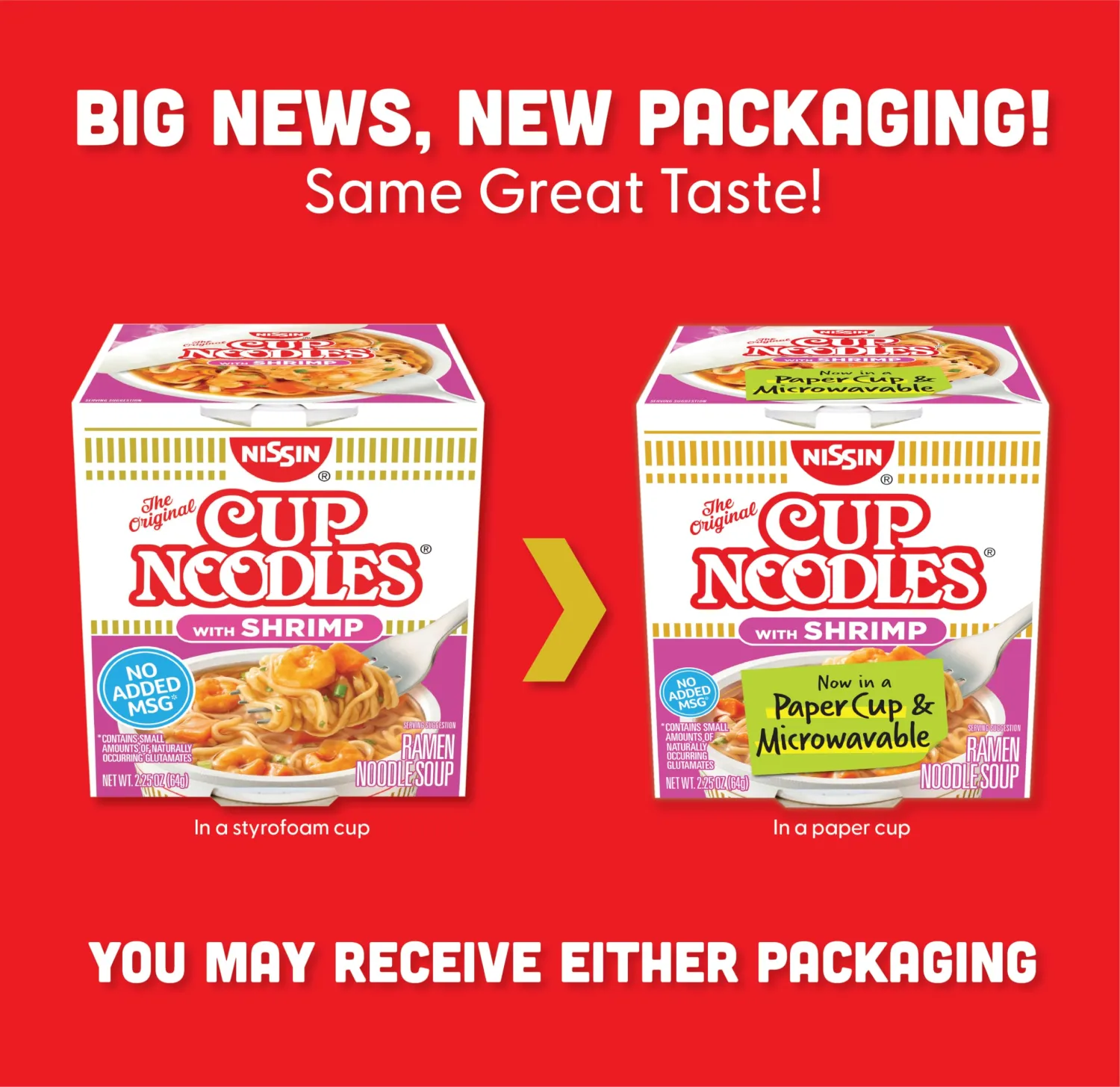 Nissin Cup Noodles Soup, Shrimp Flavor, Microwaveable Paper Cups, Instant Ramen, 2.25 Ounce (Pack of 12)