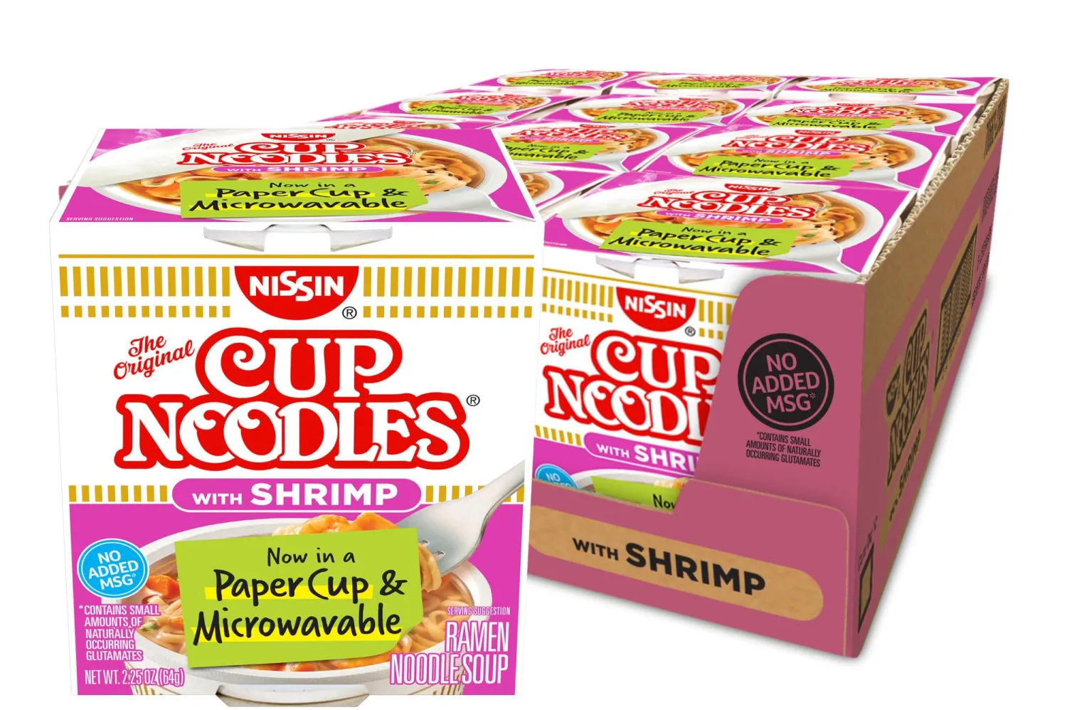 Nissin Cup Noodles Soup, Shrimp Flavor, Microwaveable Paper Cups, Instant Ramen, 2.25 Ounce (Pack of 12)