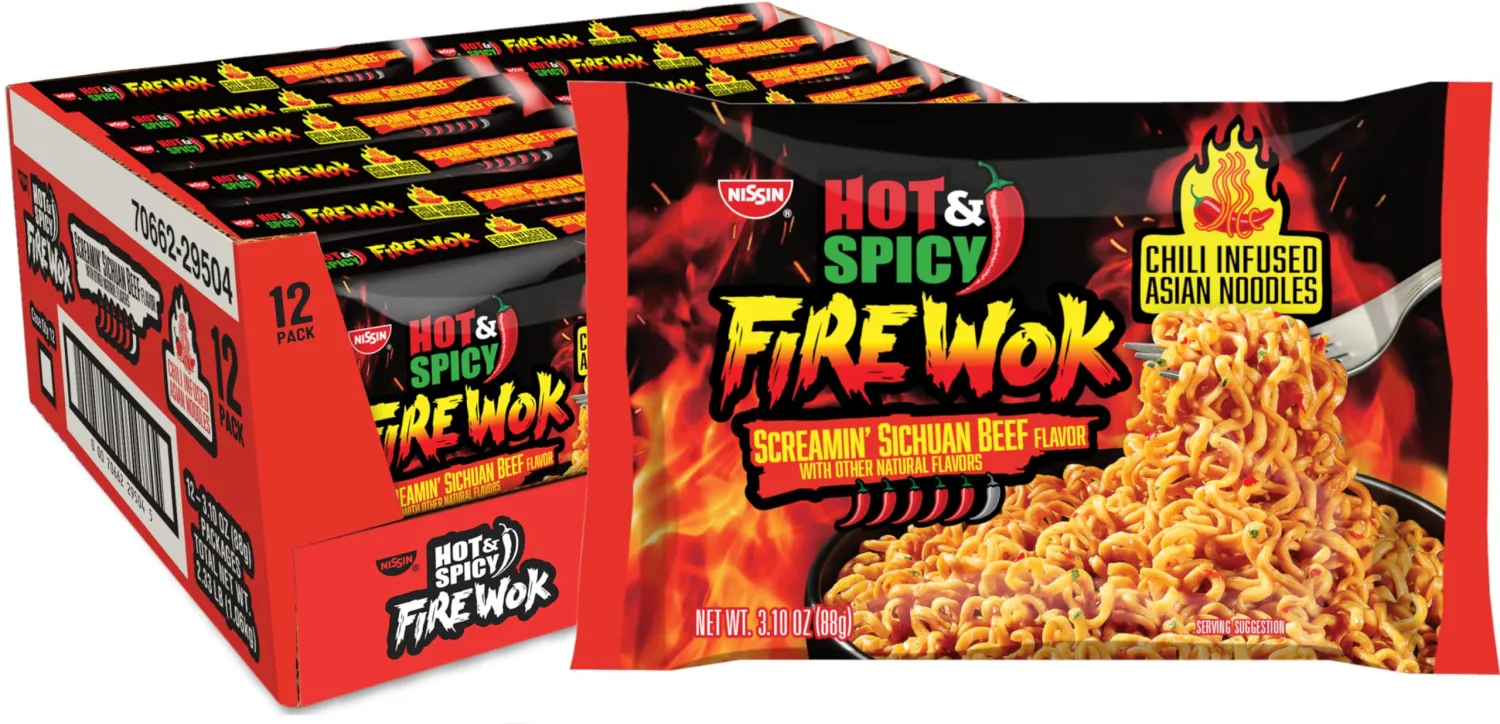 Nissin Fire Wok, Screamin Beef Flavor, Hot & Spicy Chile Infused Asian Noodles, 3.10 Ounce (Pack of 12)