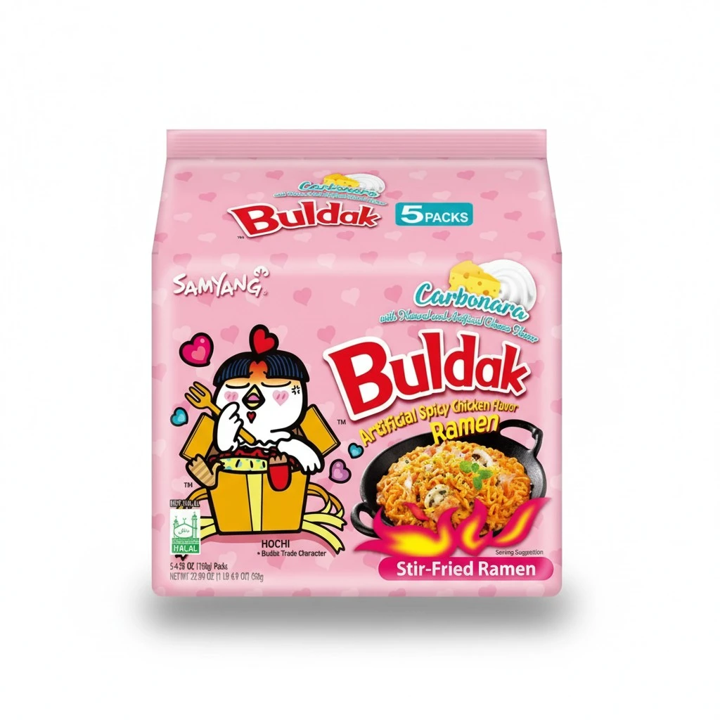 Samyang Buldak Spicy Ramen, Hot Chicken Ramen, Korean Stir-Fried Instant Noodle, Carbonara, 1 Bag with 5 Pack