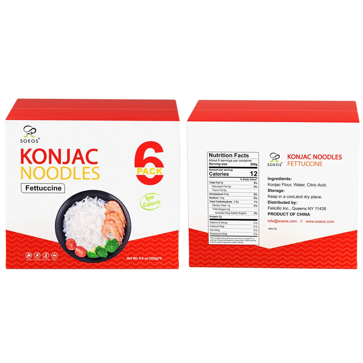 Soeos Konjac Noodles, Fettuccine Pasta, Low Calorie, Low Carb, Keto and Paleo Friendly Shirataki Noodle, Gluten-Free, Fat Free, Sugar Free, Vegan, 8.8 oz (250g)*6 Pack