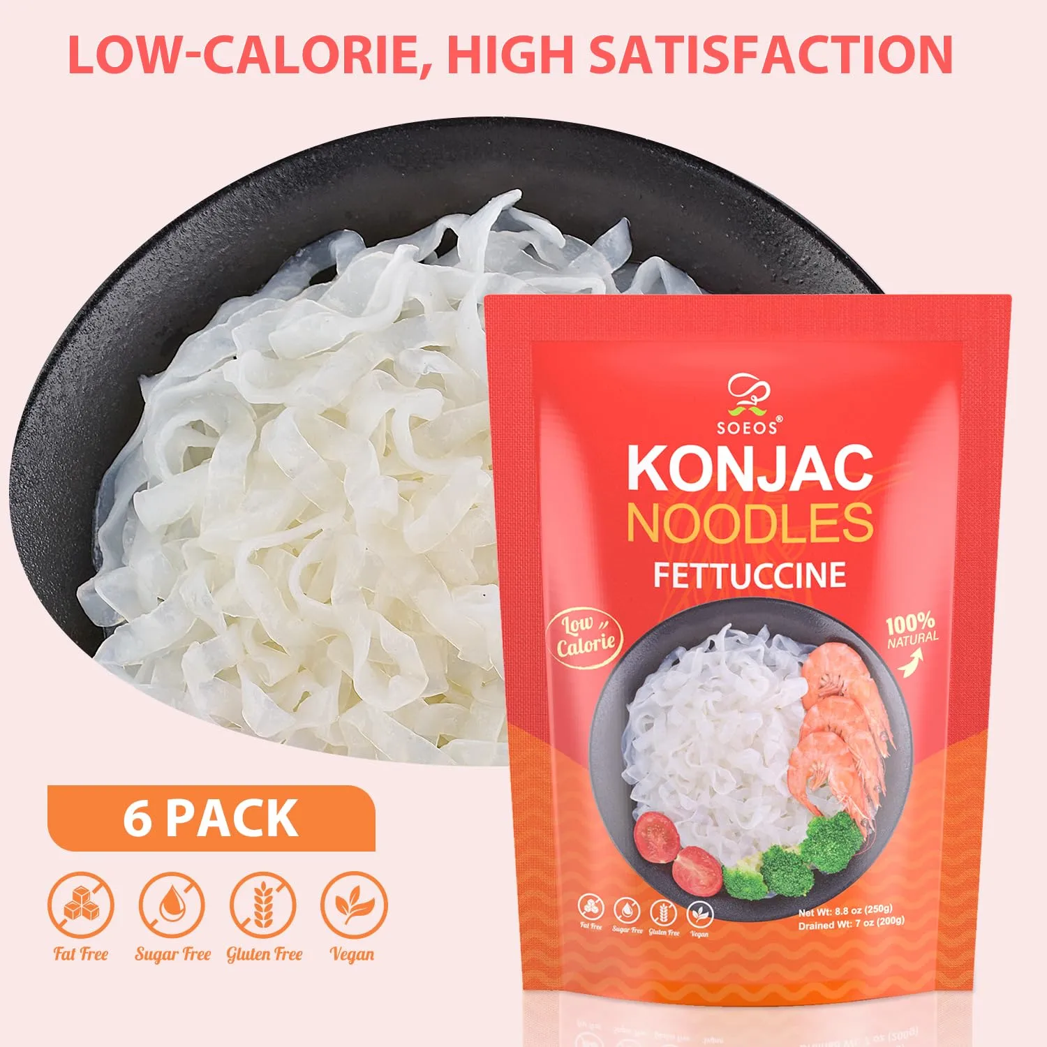 Soeos Konjac Noodles, Fettuccine Pasta, Low Calorie, Low Carb, Keto and Paleo Friendly Shirataki Noodle, Gluten-Free, Fat Free, Sugar Free, Vegan, 8.8 oz (250g)*6 Pack
