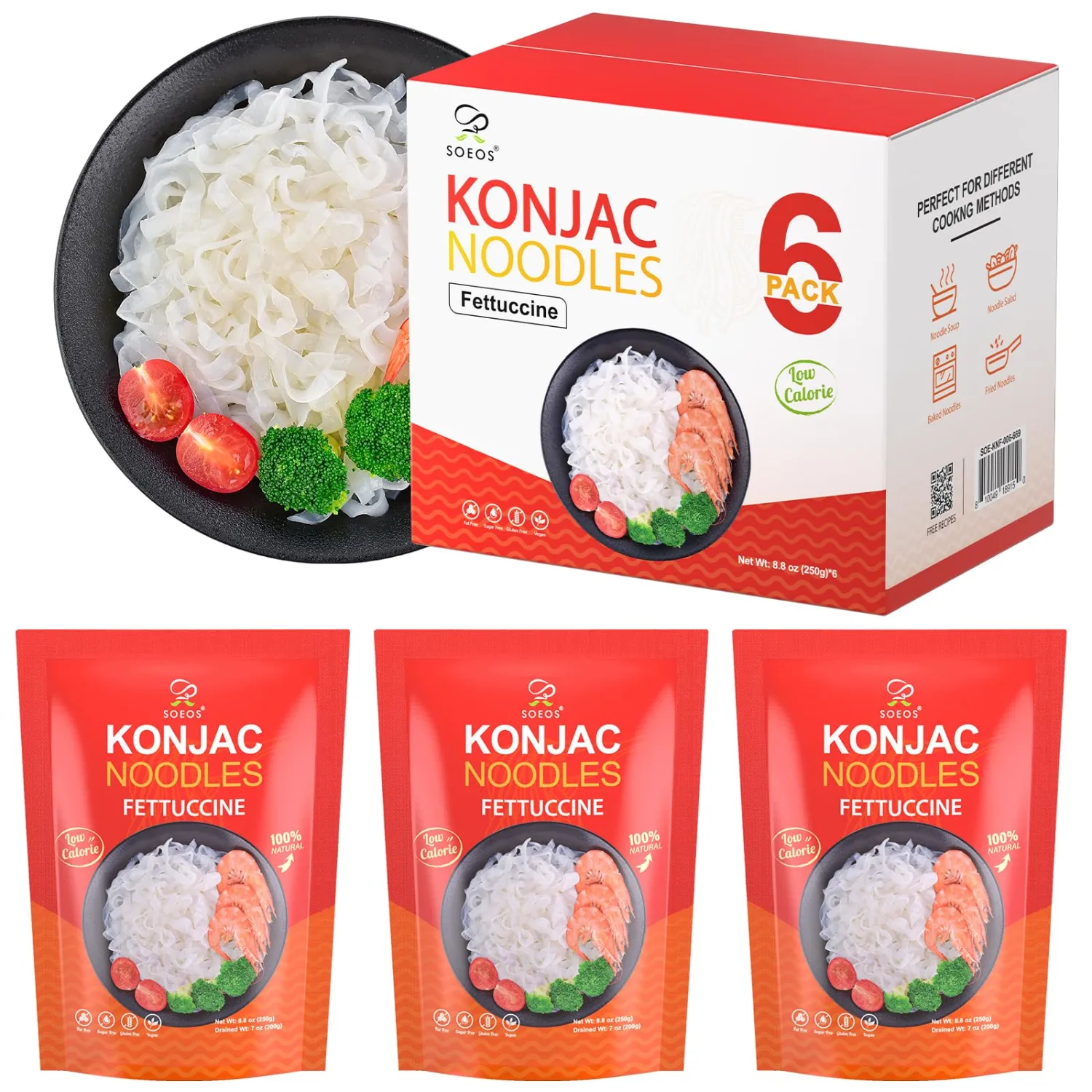 Soeos Konjac Noodles, Fettuccine Pasta, Low Calorie, Low Carb, Keto and Paleo Friendly Shirataki Noodle, Gluten-Free, Fat Free, Sugar Free, Vegan, 8.8 oz (250g)*6 Pack