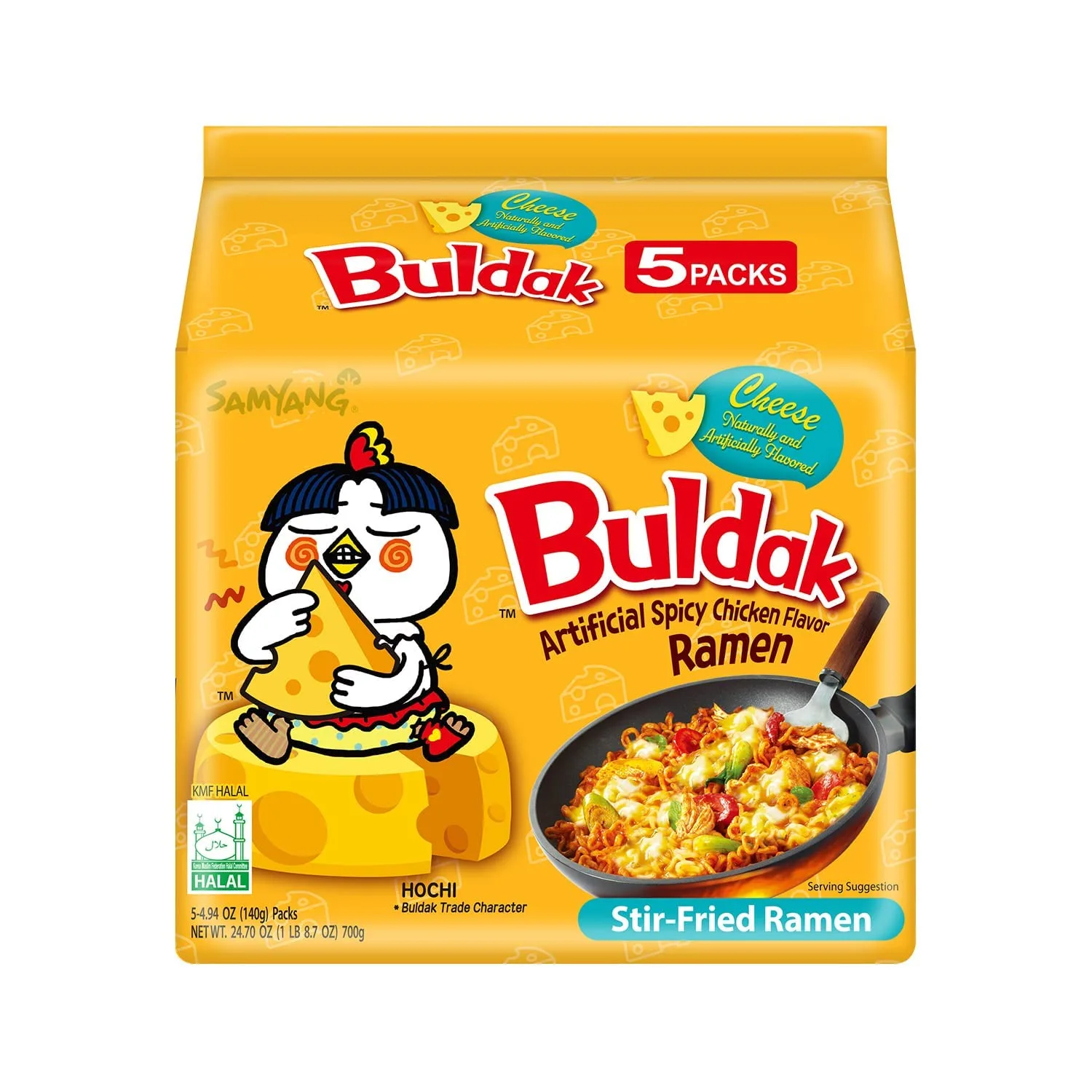 Samyang Buldak Spicy Ramen, Hot Chicken Ramen, Korean Stir-Fried Instant Noodle, Cheese, 1 Bag with 5 Pack