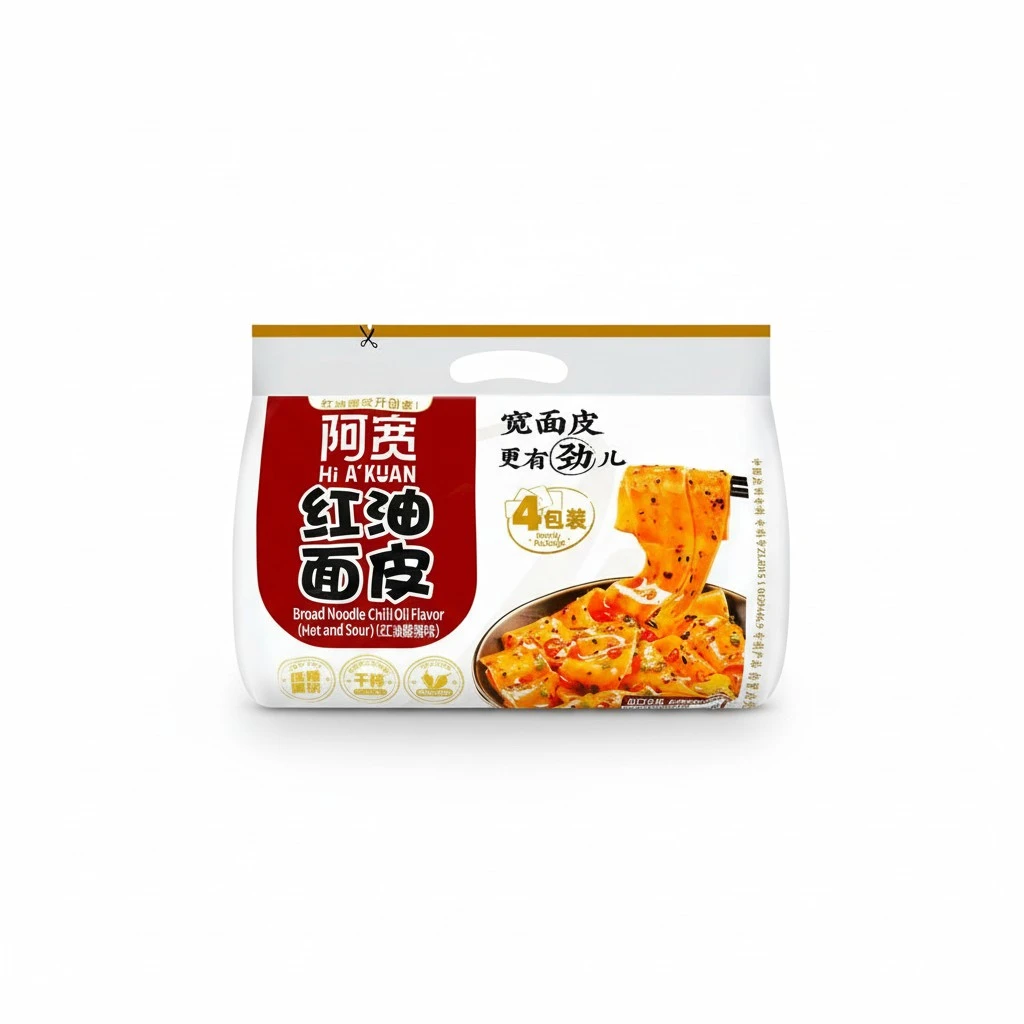 Akuan Sichuan Spicy Red Chili Oil Wide Noodles, Non-Fried Instant Chinese Ramen, 4.05oz per Bag, 4 Pack (1 Pack, Sour & Hot)