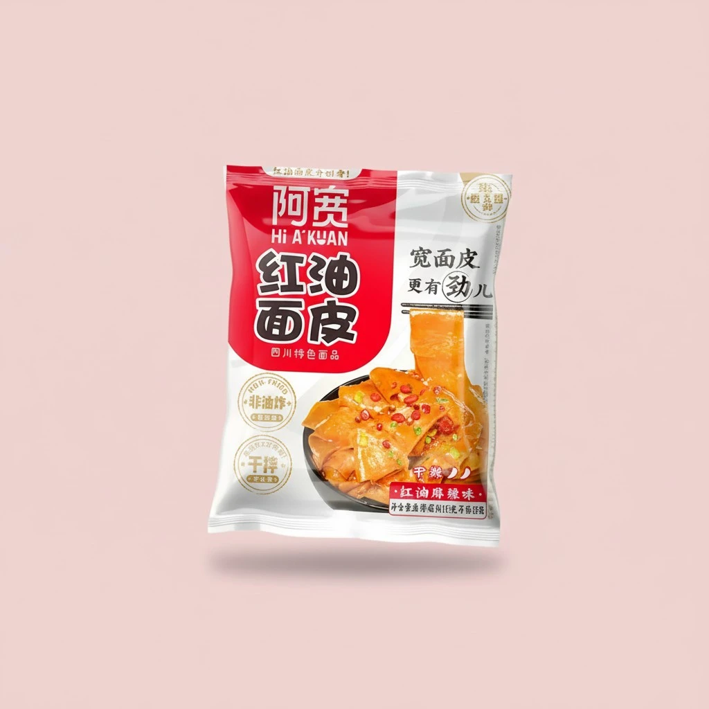 Asian Red Oil Spicy Noodle, Sichuan Chili Oil Wide Noodles, Chinese chewy Instant Ramen Noodles, Non-fried flat noodles snacks 红油面皮 (Pack of 4)