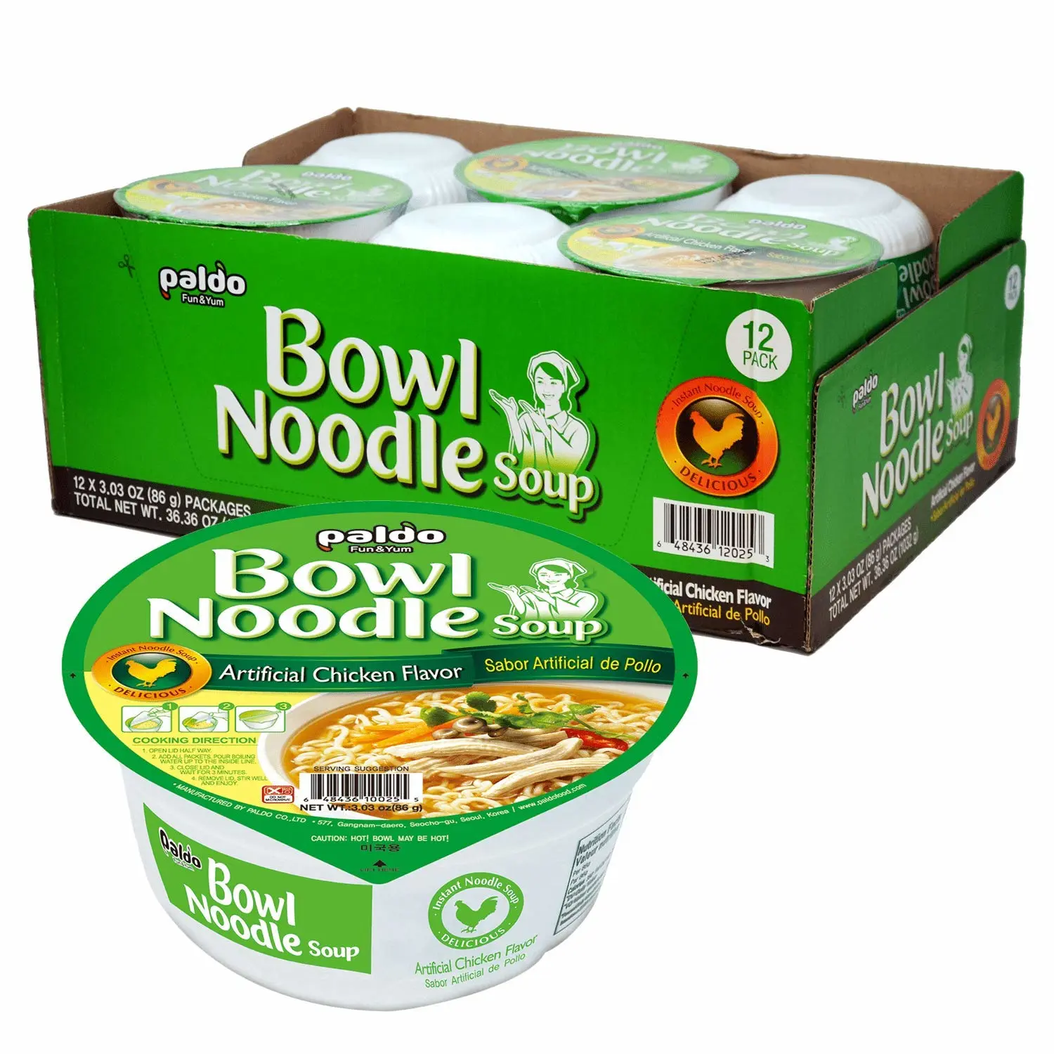 Paldo Fun & Yum Instant Cup Noodle Soup Bowl with Chicken Flavored Broth, Pack of 12, Best Oriental Style Korean Ramyun, Most Loved Korean Noodles, 팔도 닭개장 사발면 86g (3.03 oz) x 12