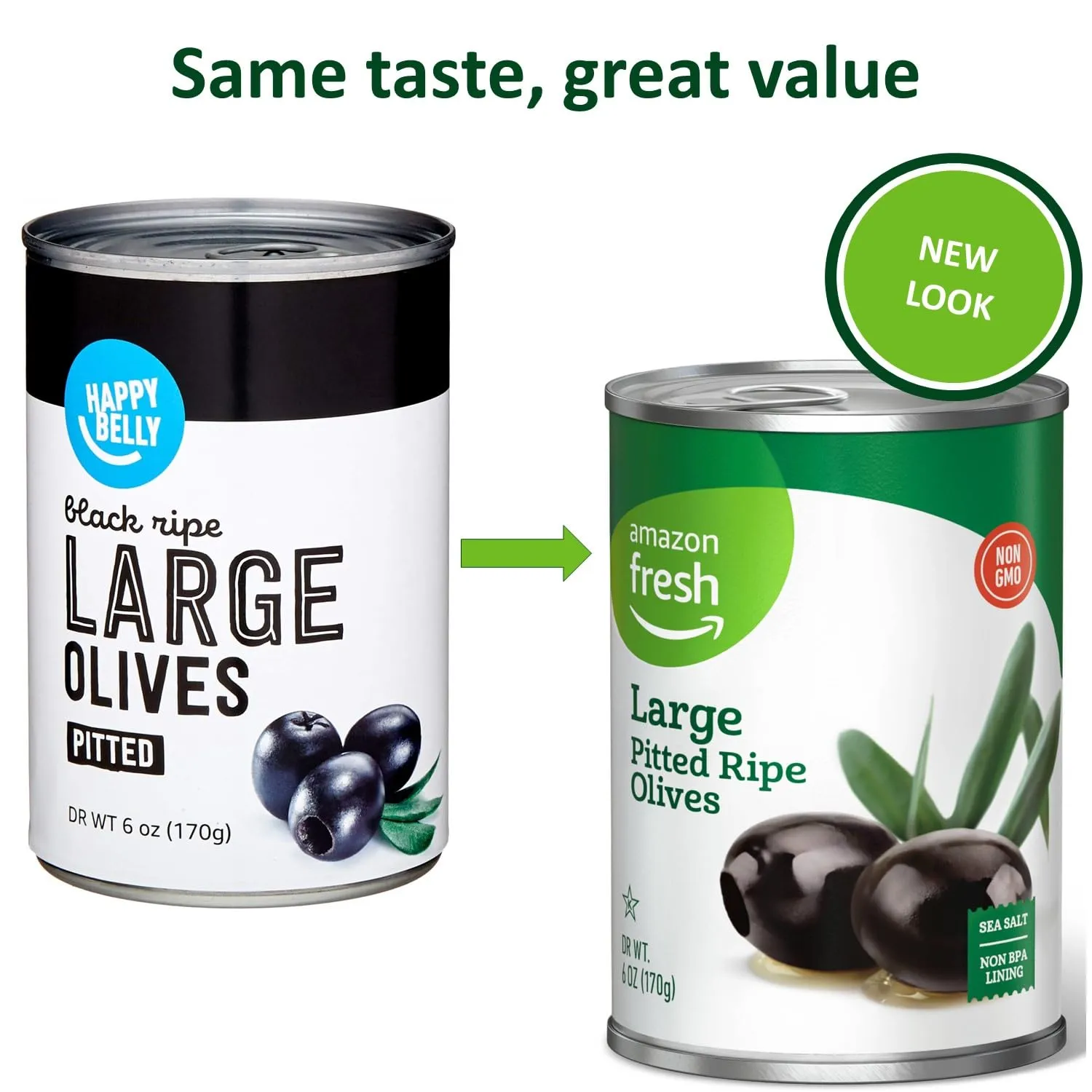 Amazon Fresh, Large Pitted Ripe Olives, 6 Oz (Previously Happy Belly, Packaging May Vary)
