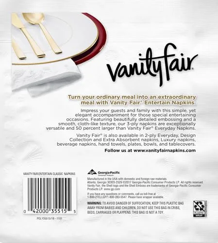 Vanity Fair Entertain Paper Napkins, 40 3-Ply Disposable Napkins, Dinner Size (Pack of 4)