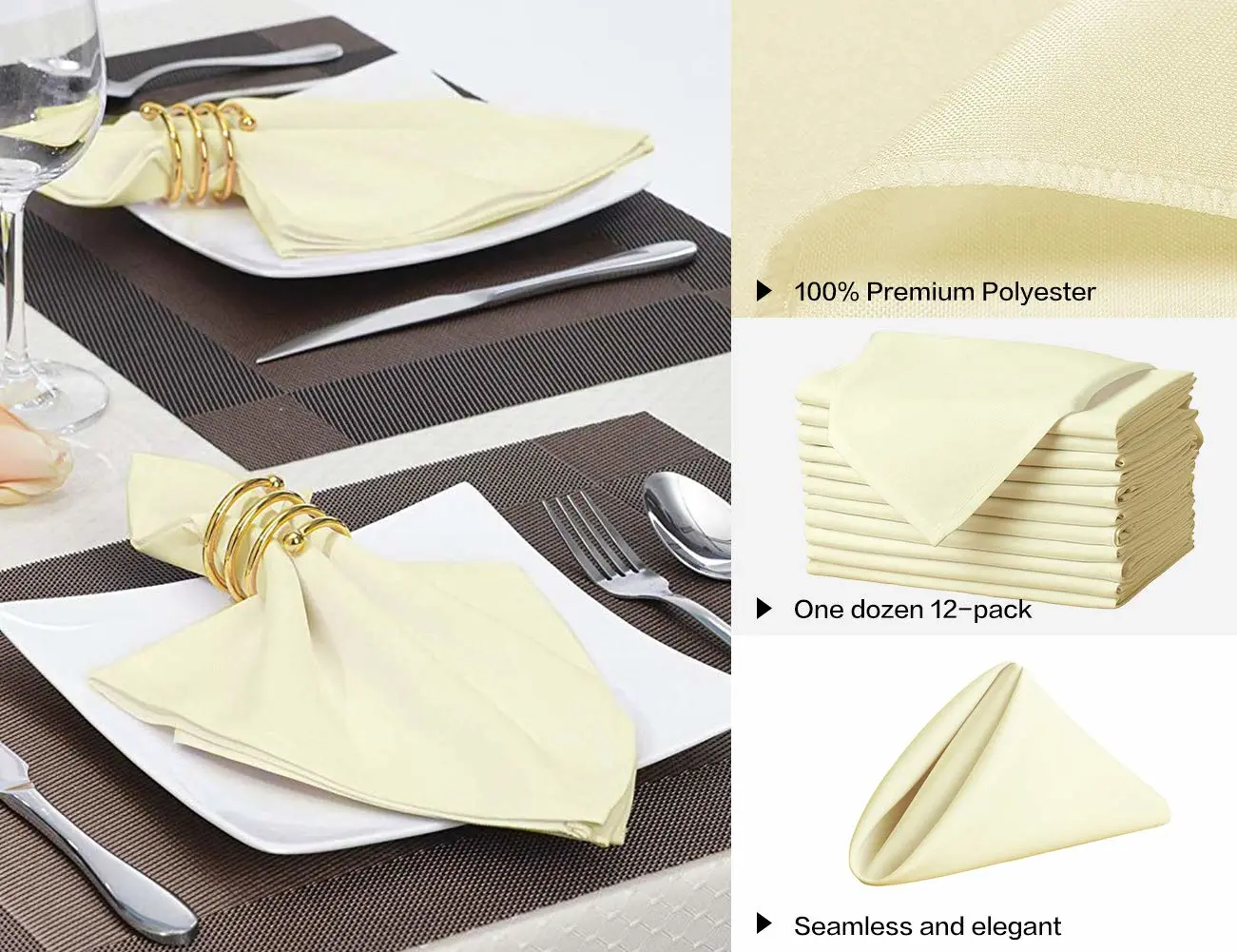 Surmente 17-Inch Polyester Cloth Napkins Linen Dinner Napkins - Set of 12 for Weddings, Banquets, or Restaurants (1-Dozen) (Ivory)