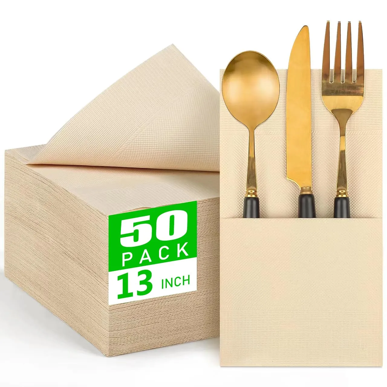 50 Pack Post Consumer Recycled 2-Ply Compostable White, Gold Napkins - 13x13 inches, Highly Absorbent Soft Napkins for Kitchen, Party, Wedding and Every Day Use
