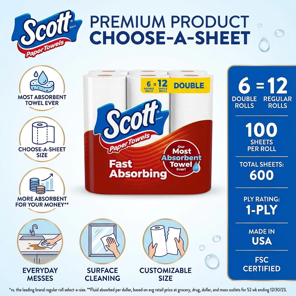 Scott Paper Towels, Choose-A-Sheet, 6 Double Rolls = 12 Regular Rolls (100 Sheets Per Roll)