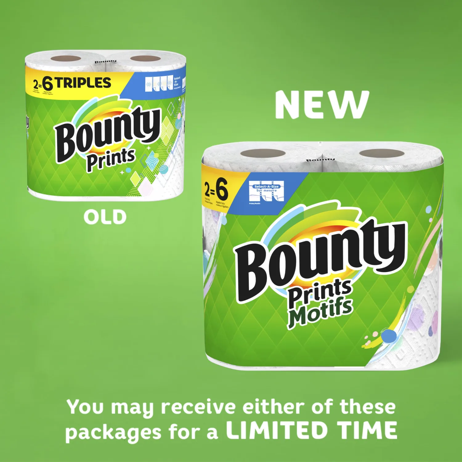Bounty Select-A-Size Paper Towels, Prints, 2 Triple Rolls = 6 Regular Rolls (Packaging May Vary)