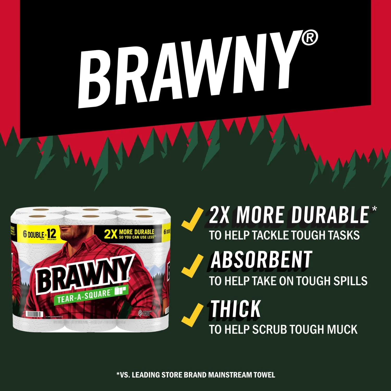 Brawny Tear-A-Square Paper Towels, 2 Double Rolls = 4 Regular Rolls, 3 Sheet Sizes (Quarter, Half, Full), Strength for All Messes, Cleanups, and Meal Prep