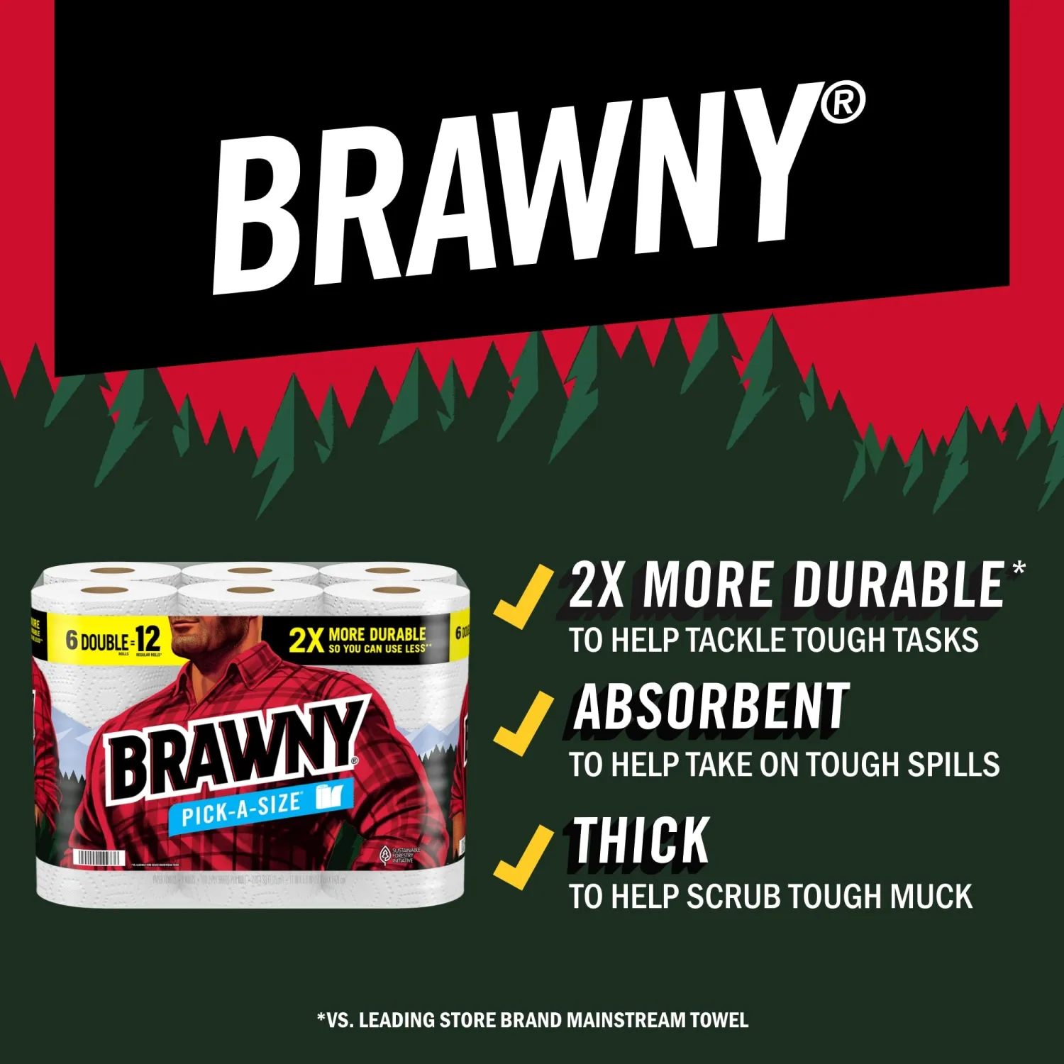 Brawny Pick-A-Size Paper Towels, 6 Double Rolls = 12 Regular Rolls, 2 Sheet Sizes (Half or Full), Strong Paper Towel For Everyday Use