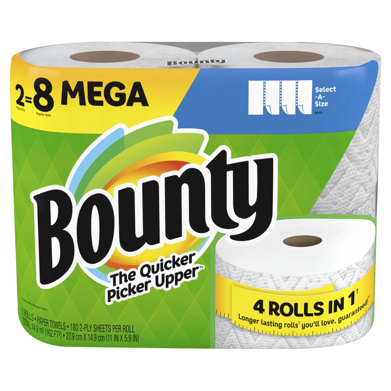 Bounty Select-A-Size Paper Towels, 2 Mega Rolls, White, 180 Sheets Per Roll