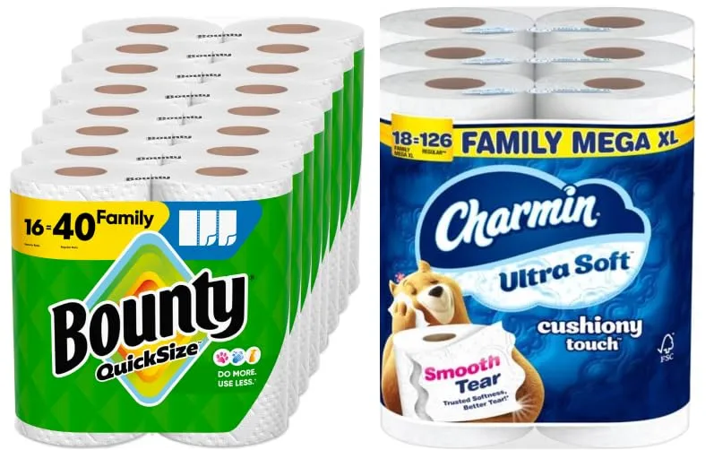 Bounty Quick-Size Paper Towels, White, 16 Family Rolls = 40 Regular Rolls, Charmin Ultra Soft Cushiony Touch Toilet Paper, 18 Family Mega XL Rolls = 126 Regular Rolls