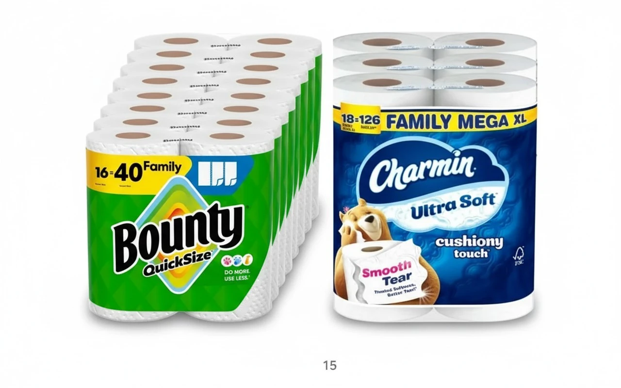 Bounty Quick-Size Paper Towels, White, 16 Family Rolls = 40 Regular Rolls, Charmin Ultra Soft Cushiony Touch Toilet Paper, 18 Family Mega XL Rolls = 126 Regular Rolls