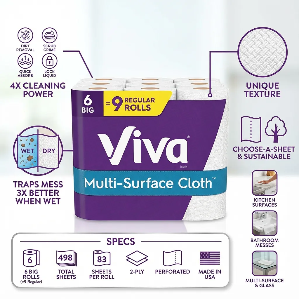 Viva Multi-Surface Cloth Paper Towels, Choose-A-Sheet - 6 Big Rolls = 9 Regular Rolls (83 Sheets Per Roll)