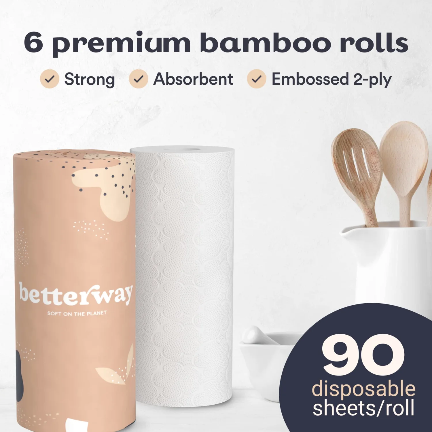 Betterway Bamboo Paper Towels - 6 Rolls, 2 Ply - Plastic Free, Disposable Kitchen Paper Towels - Select Size, Tree Free, Compostable, Strong & Absorbent, No Dyes