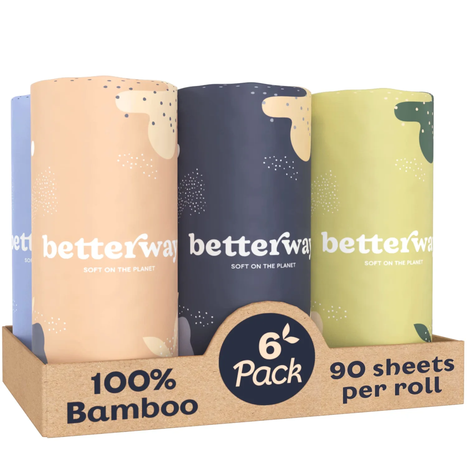 Betterway Bamboo Paper Towels - 6 Rolls, 2 Ply - Plastic Free, Disposable Kitchen Paper Towels - Select Size, Tree Free, Compostable, Strong & Absorbent, No Dyes