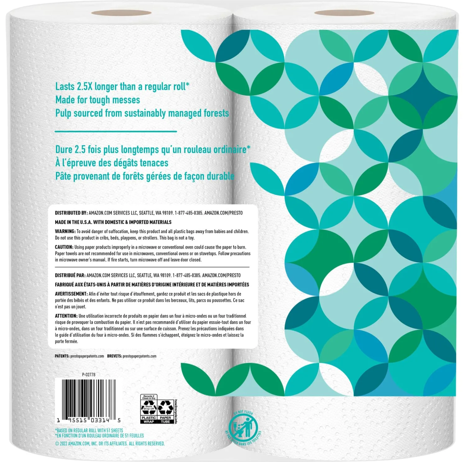 Amazon Brand - Presto! Flex-a-Size Paper Towels, 128 Sheet Family Roll, 2 Rolls (1 Packs of 2), 256 count, White