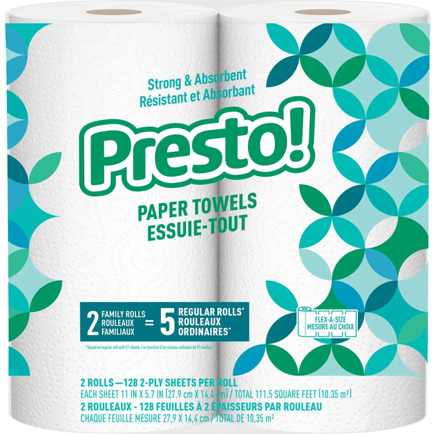 Amazon Brand - Presto! Flex-a-Size Paper Towels, 128 Sheet Family Roll, 2 Rolls (1 Packs of 2), 256 count, White